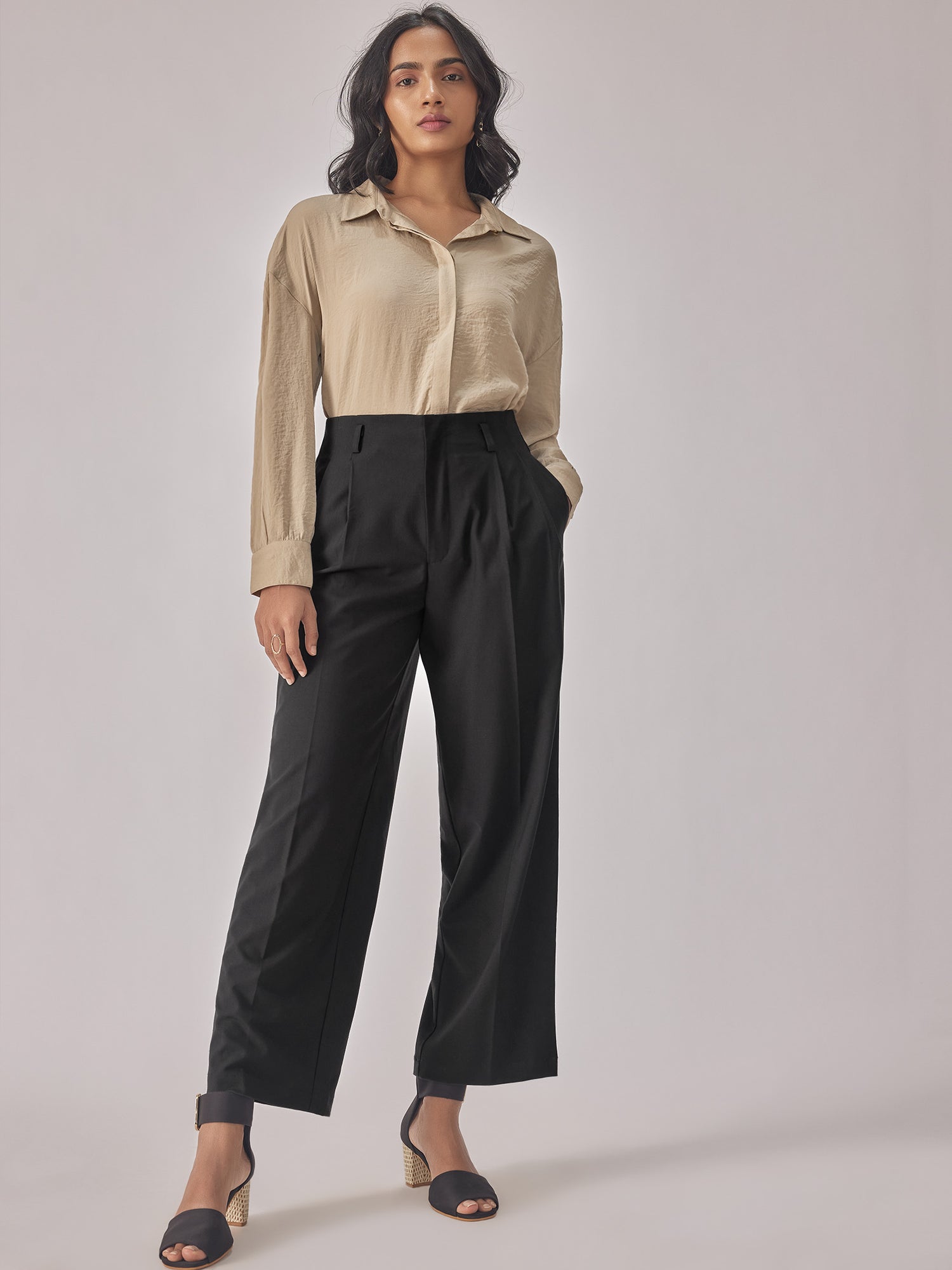 Black Pleated Flare Trousers