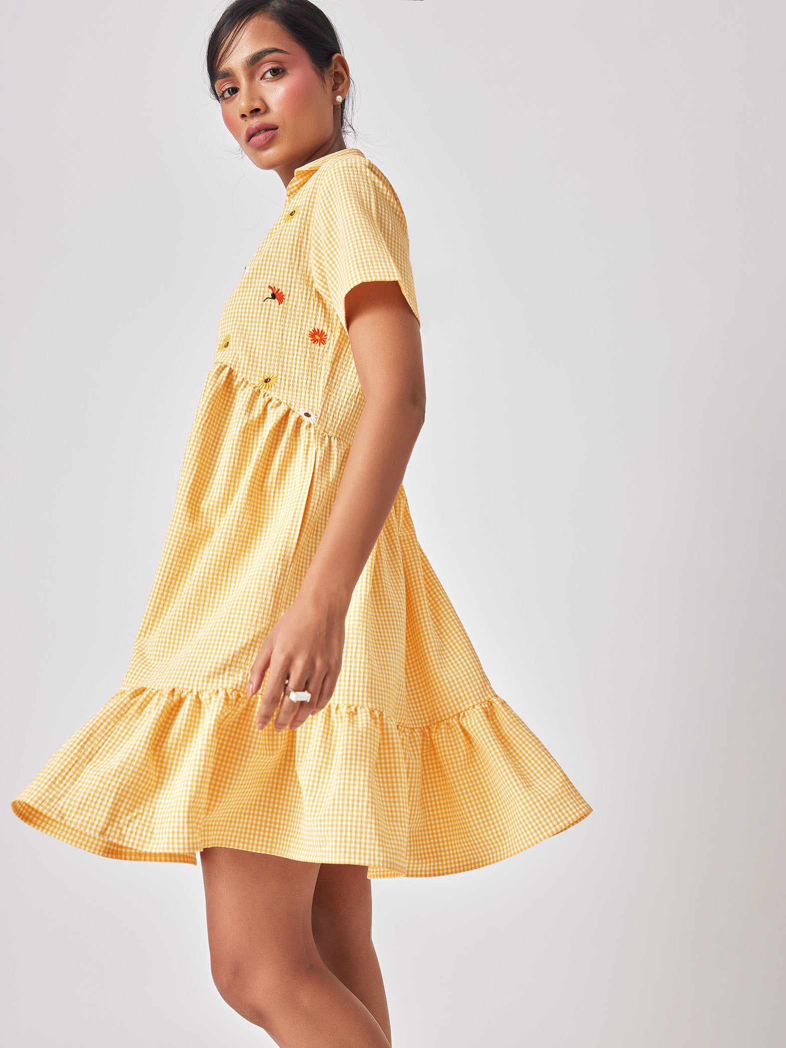 Lemon Gingham Embroidered Dress