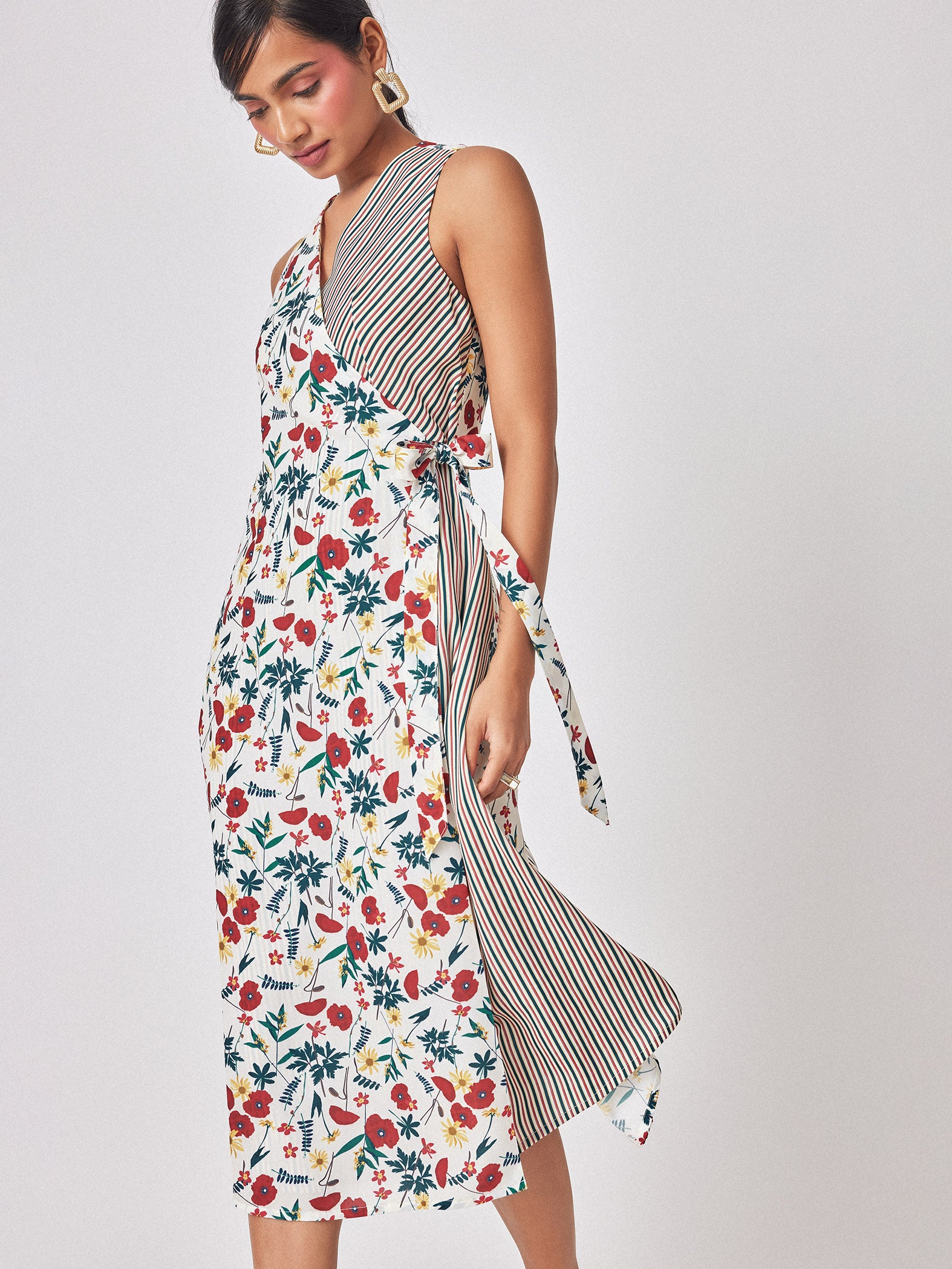Meadow Print Stripe Detail Wrap Dress