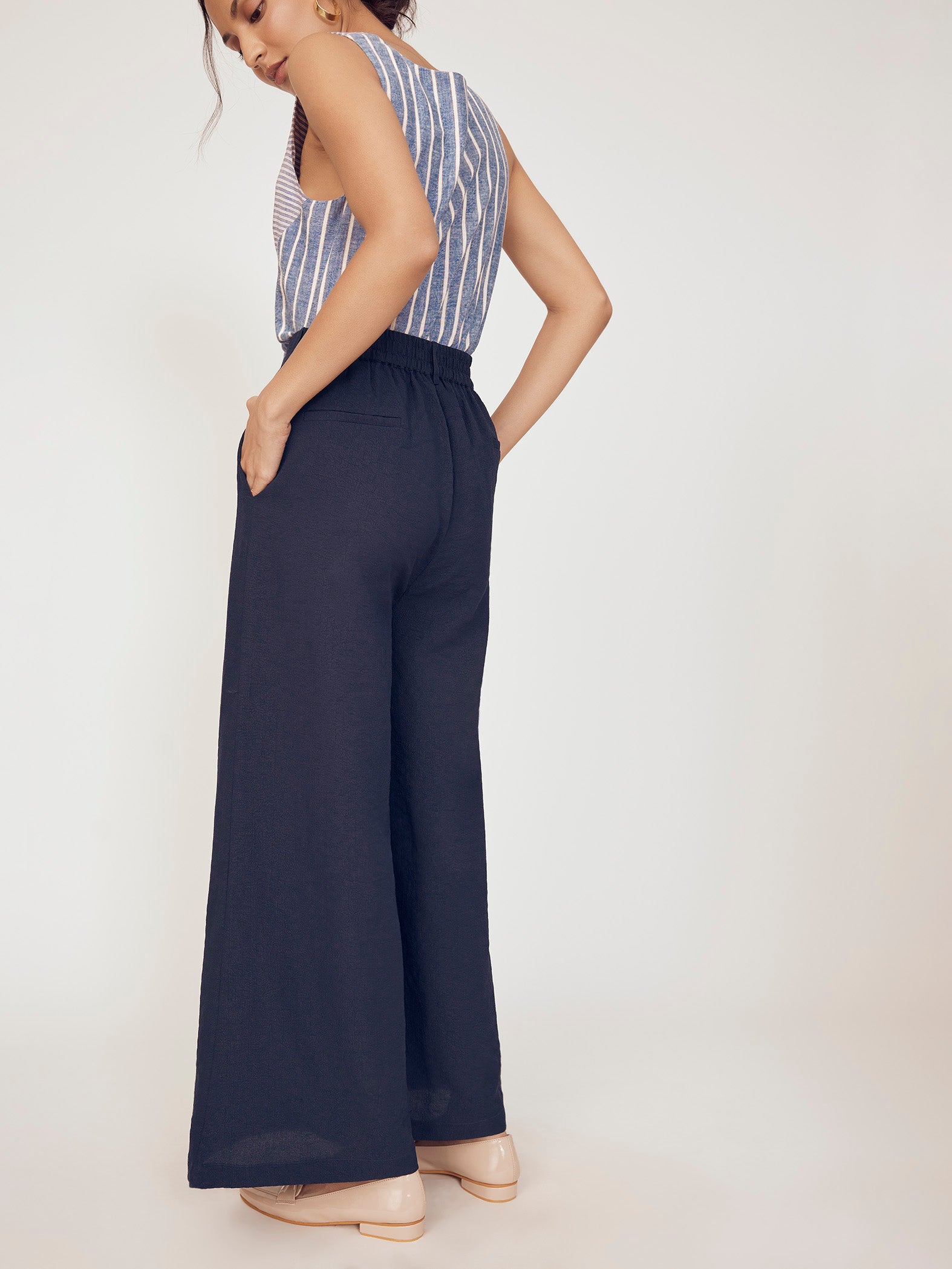 Navy Pleated Flare Trousers