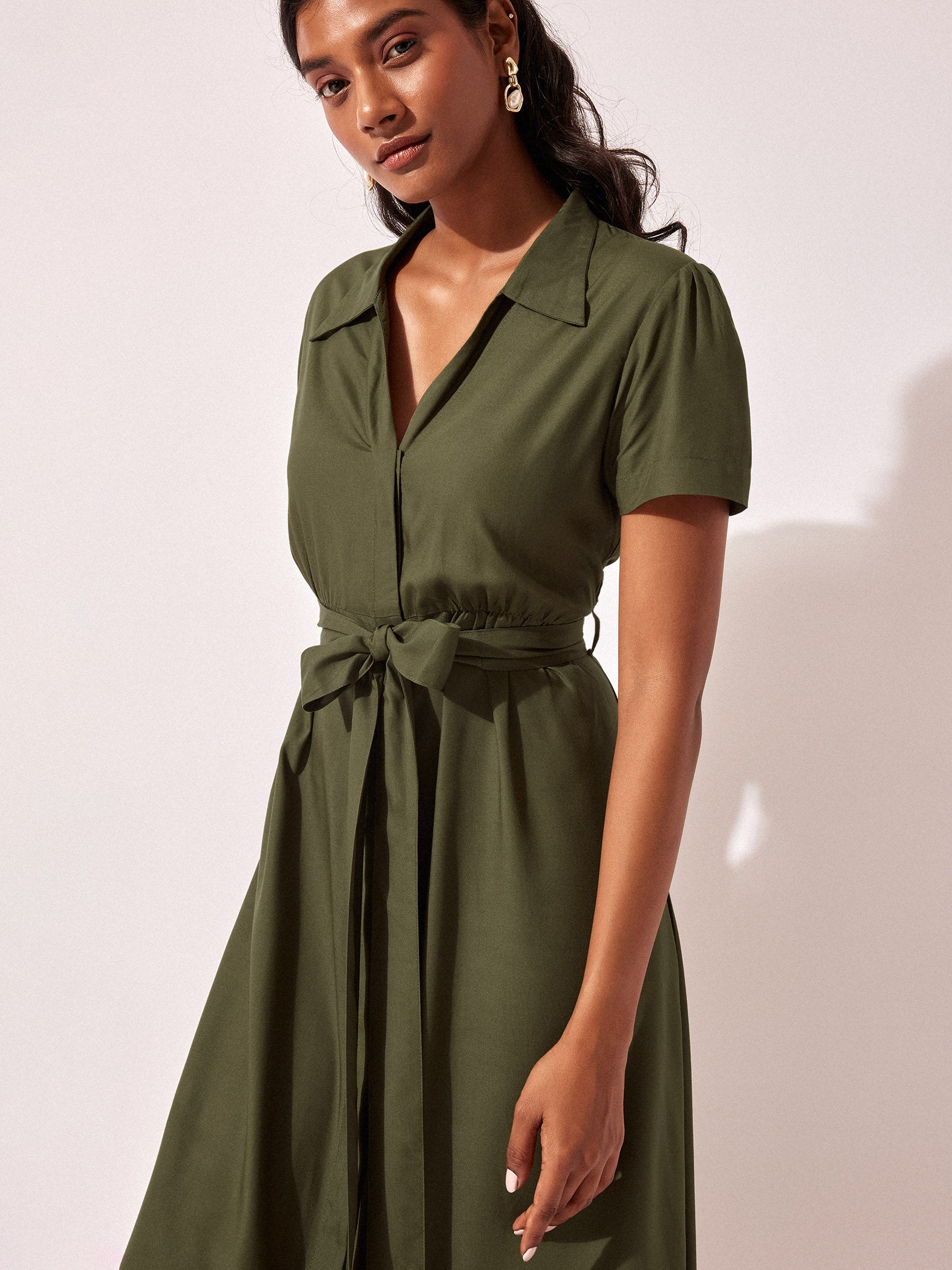 Olive Belted Midi Dress