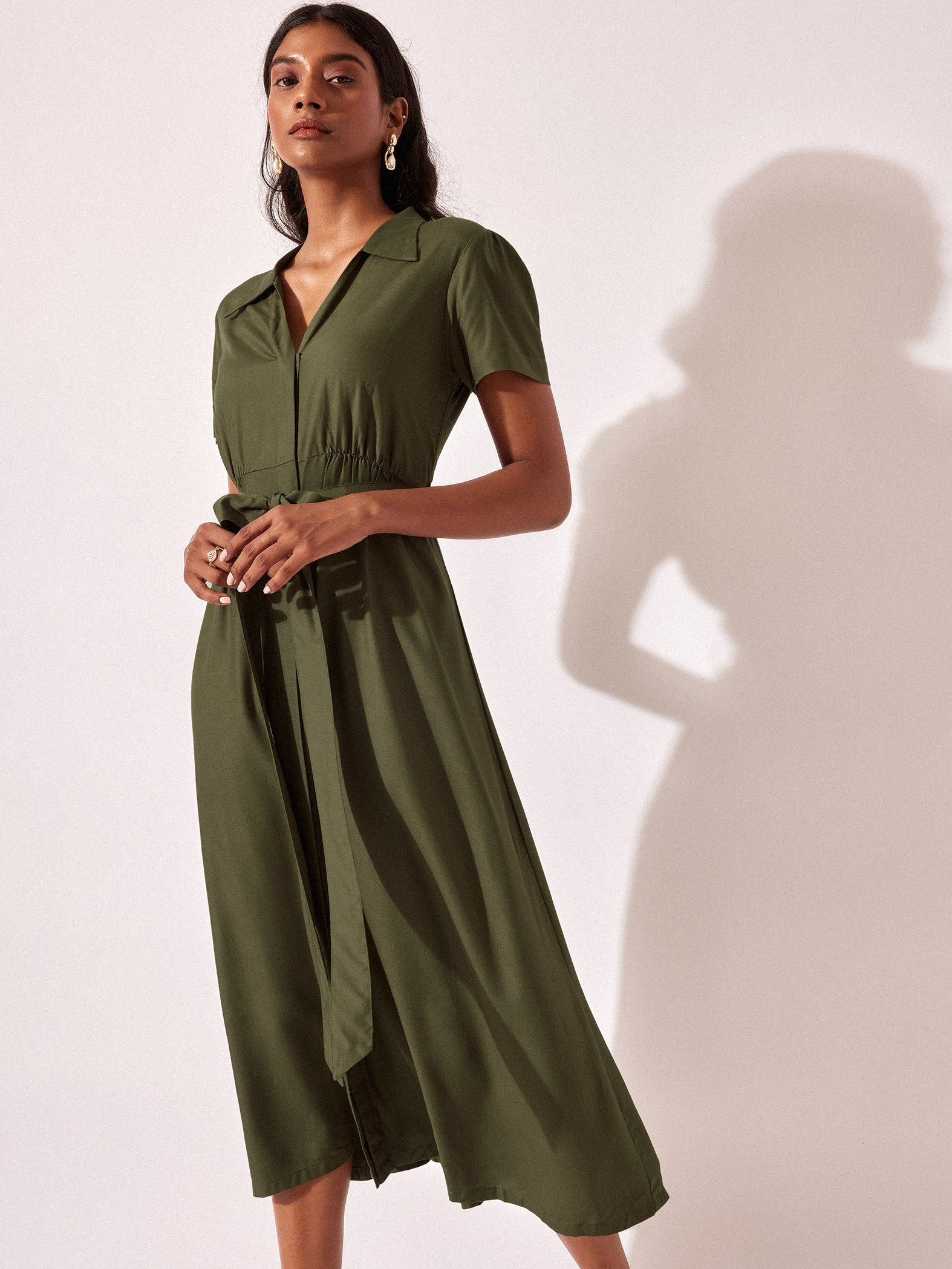 Olive Belted Midi Dress