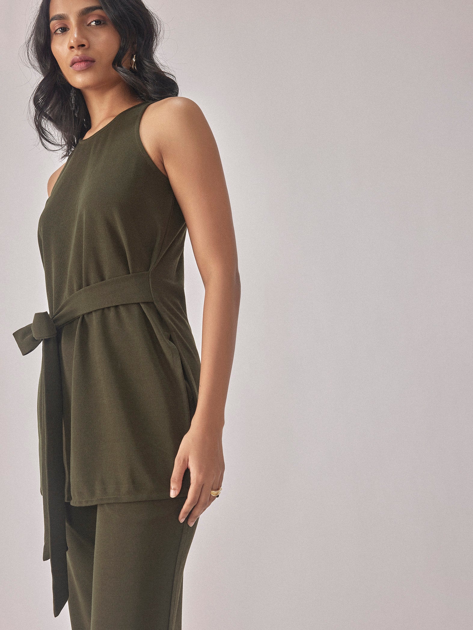 Olive Knit Front Tie Top