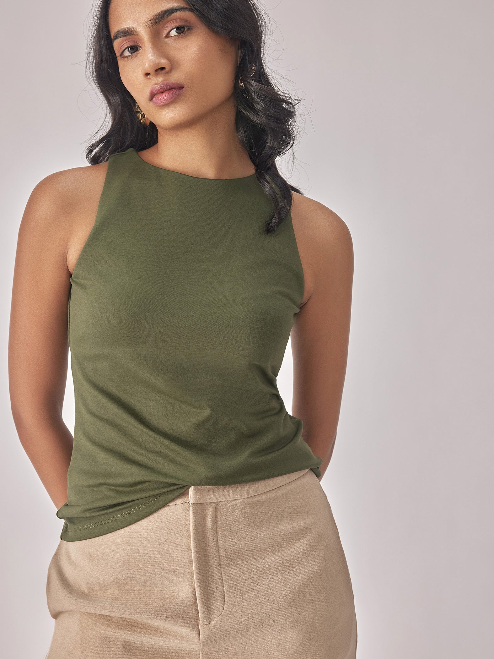 Olive Knit In Cut Top