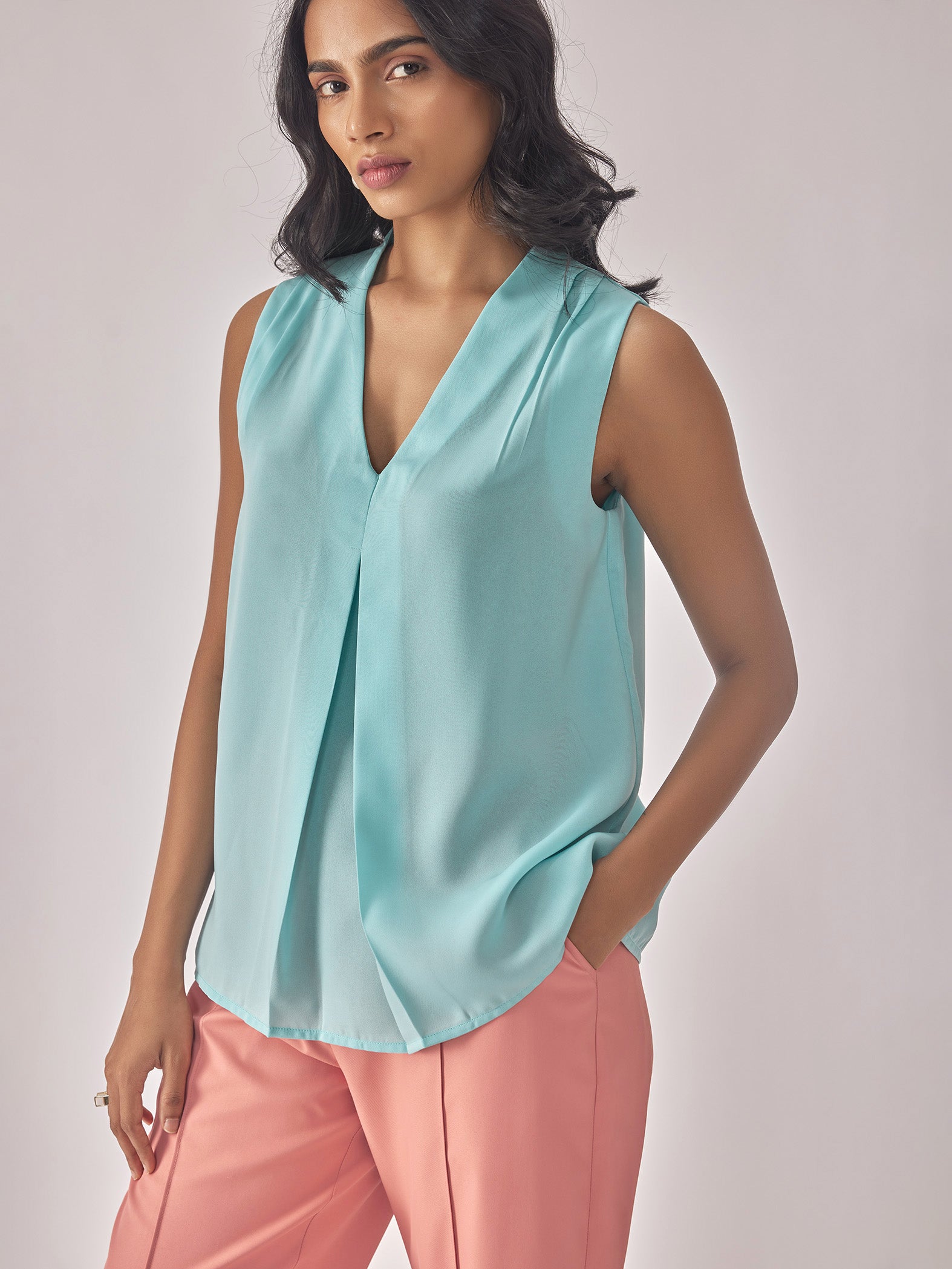 Sky Blue Inverted Pleat Top