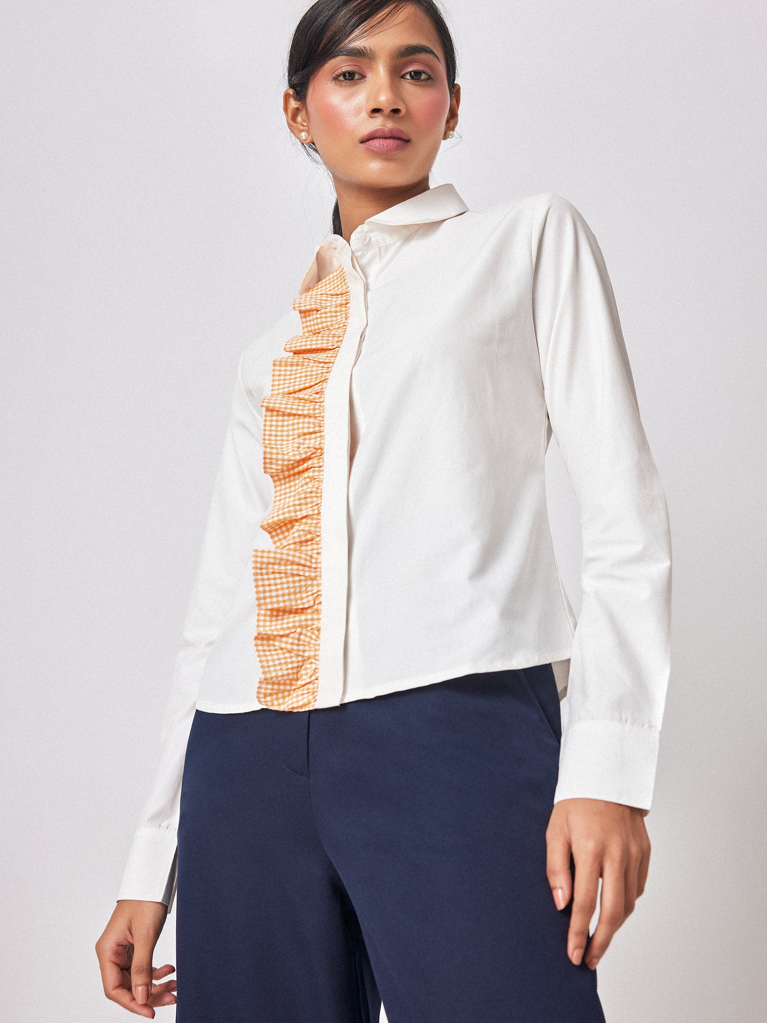 White Gingham Ruffle Detail Shirt