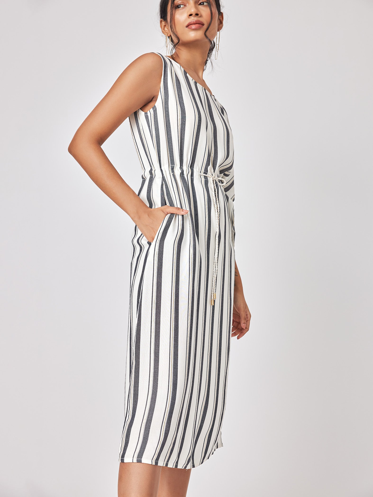 White Striped Kaftan Sleeve Dress