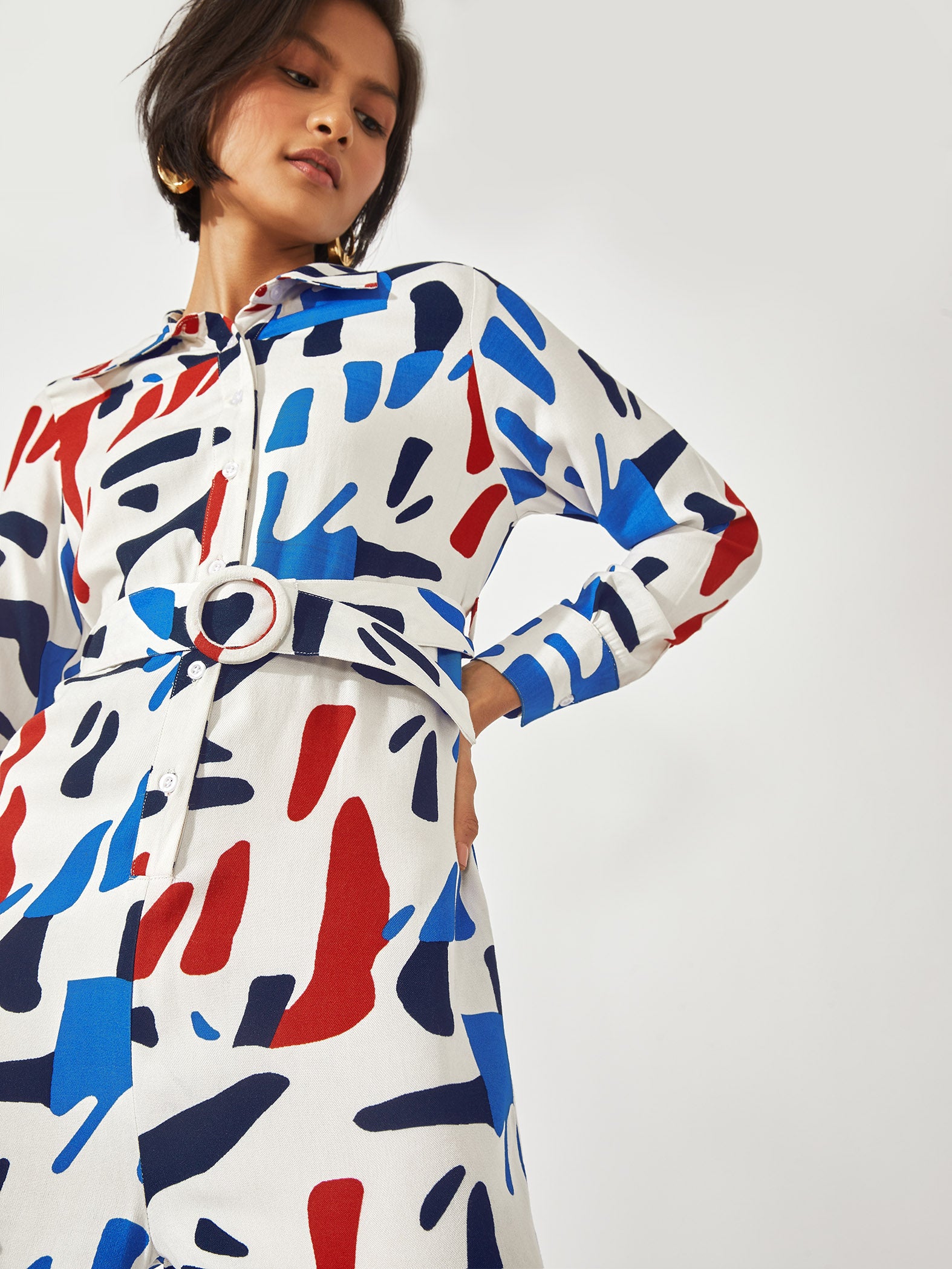 Abstract Print Belted Jumpsuit