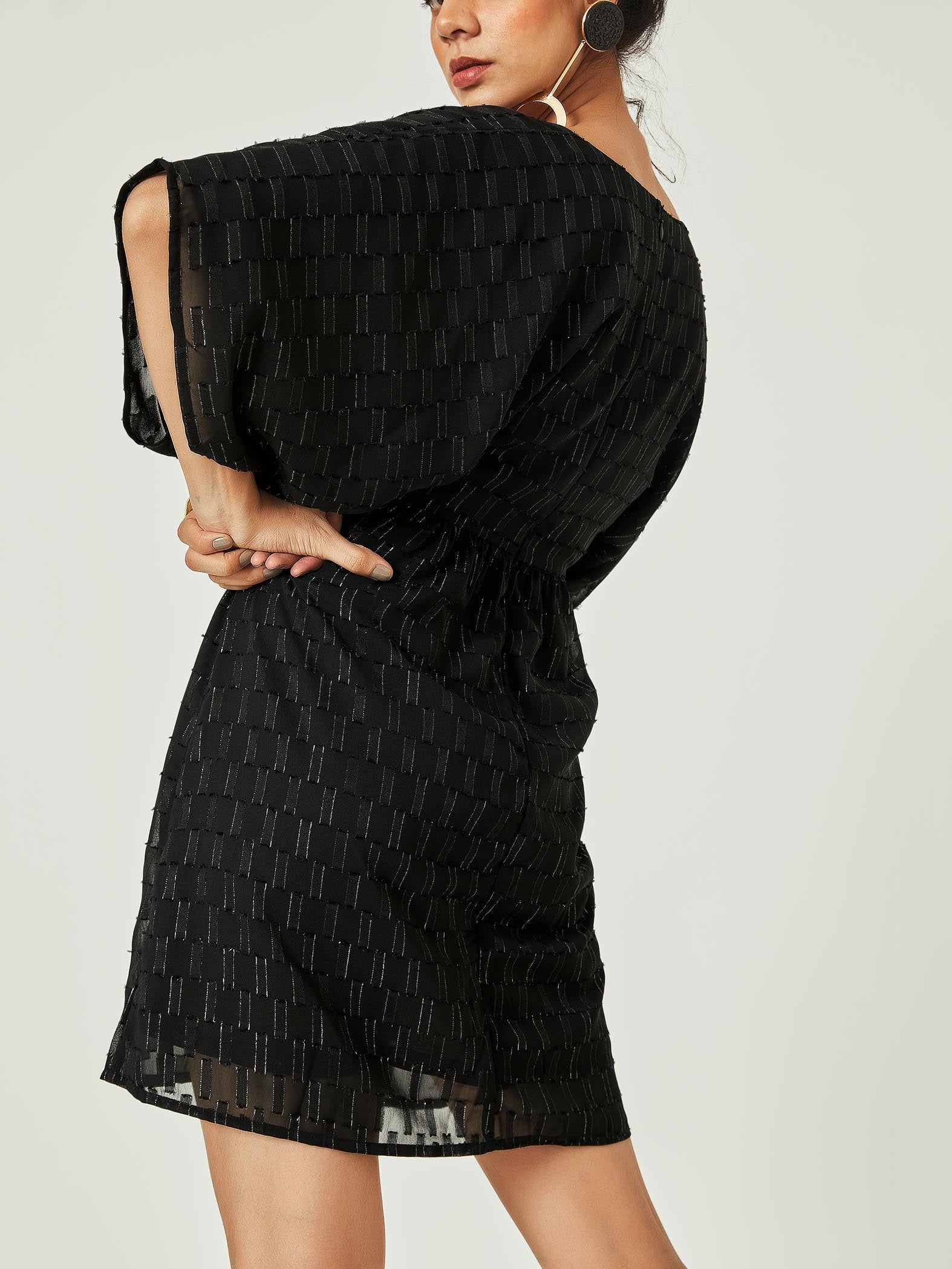 Black Dolman Sleeve Knotted Dress