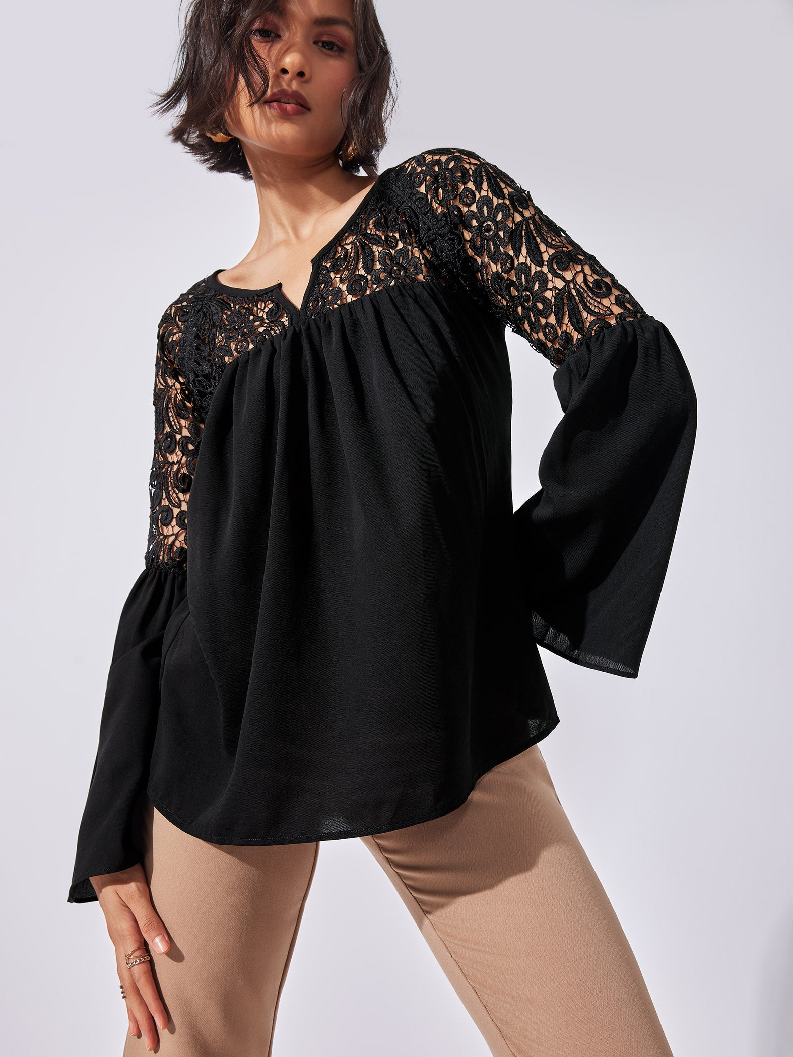 Black Gathered Lace Top