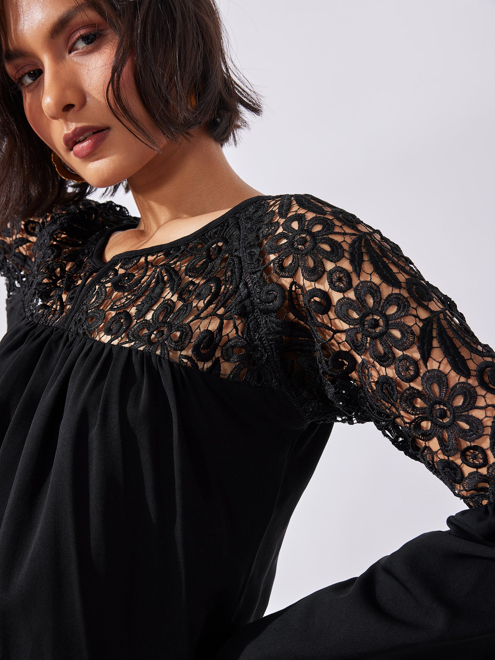 Black Gathered Lace Top