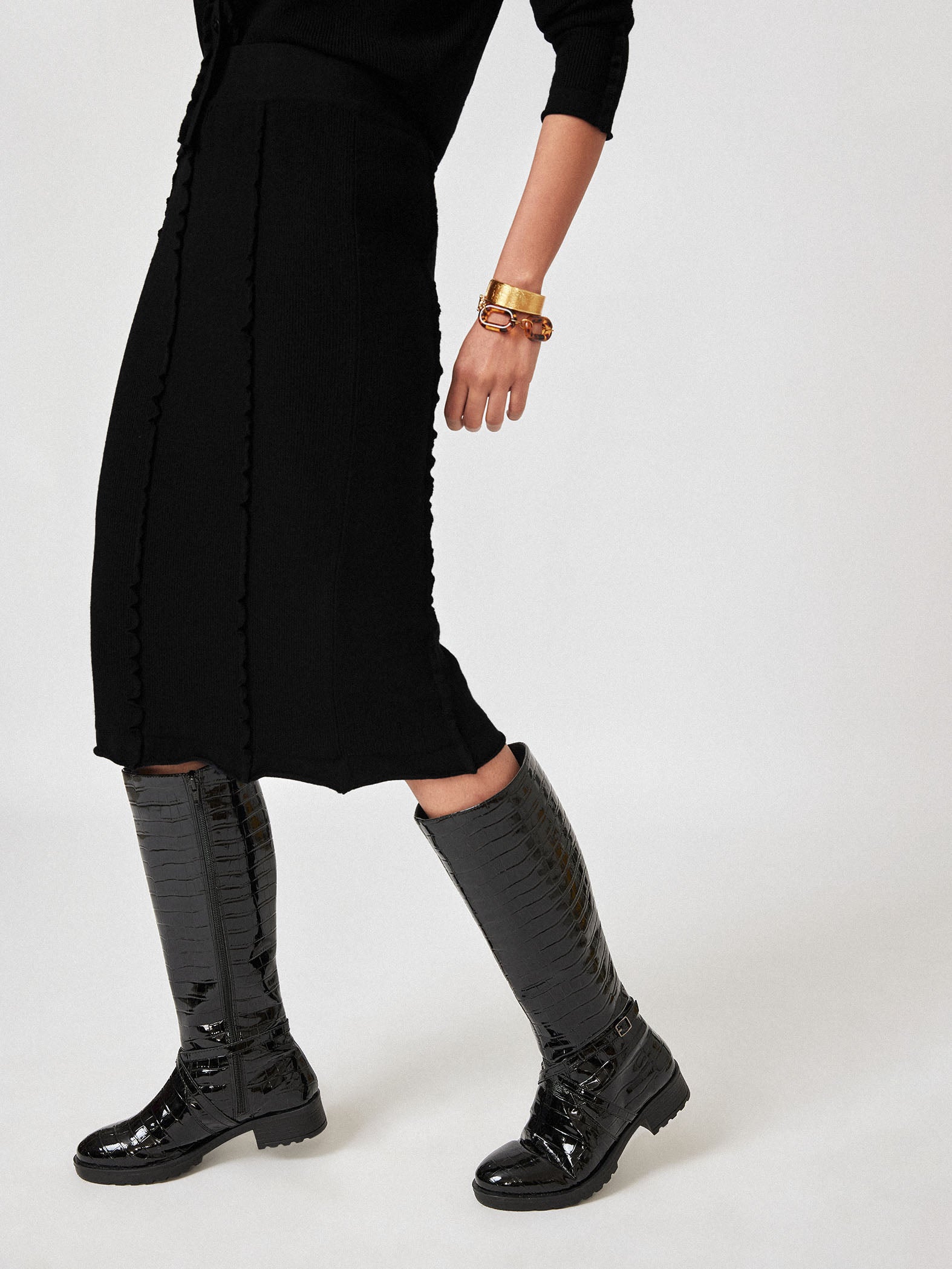 Black Knit Ruffle Midi Skirt