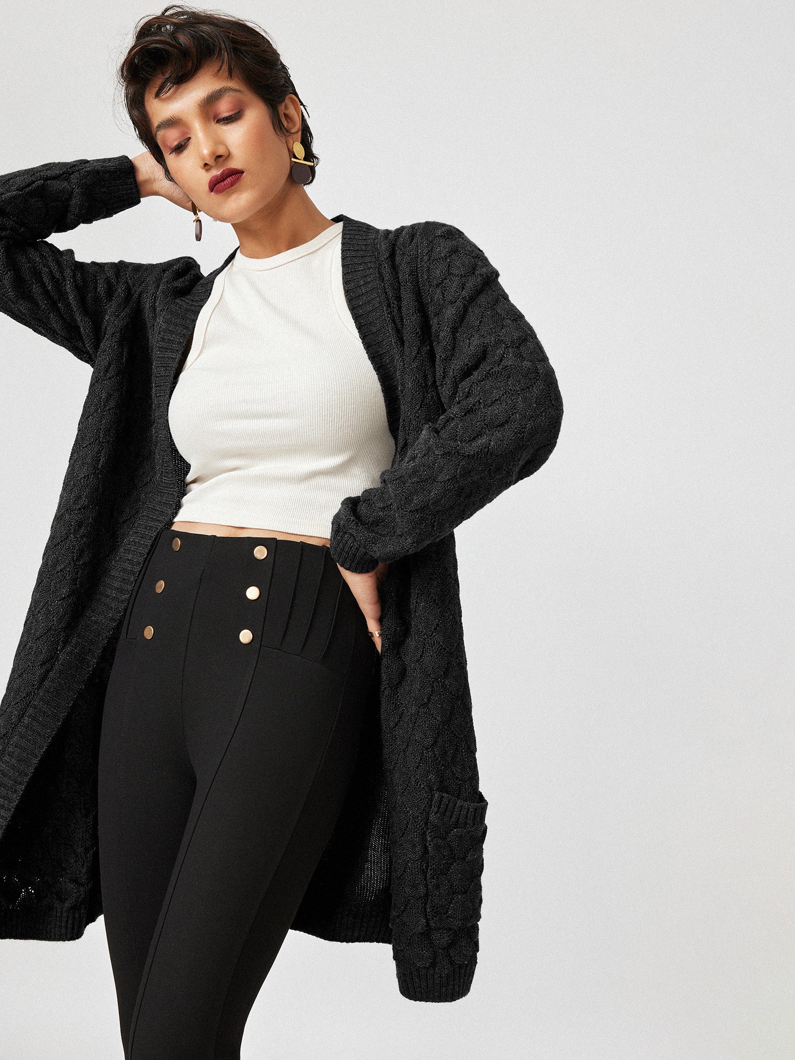 Black Long Cable Knit Cardigan