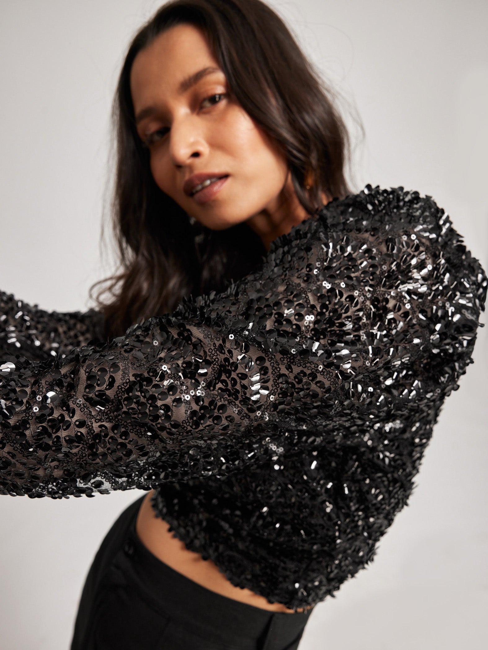 Black Sequin Embroidered Top