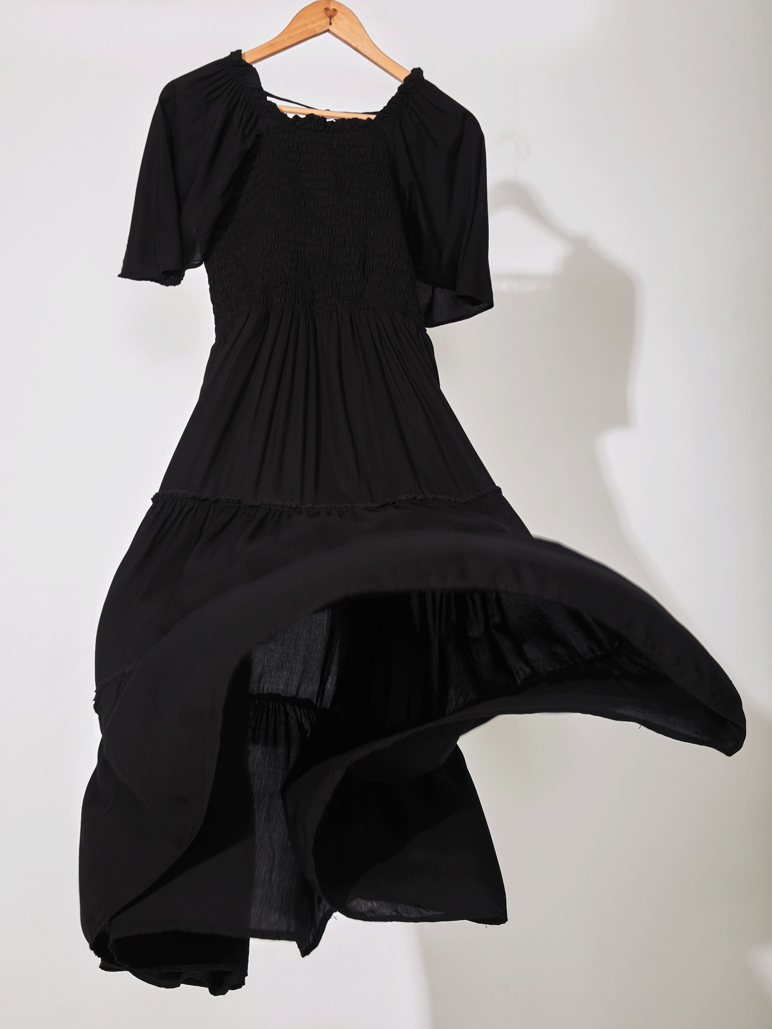 Black Smocked Tie Dress