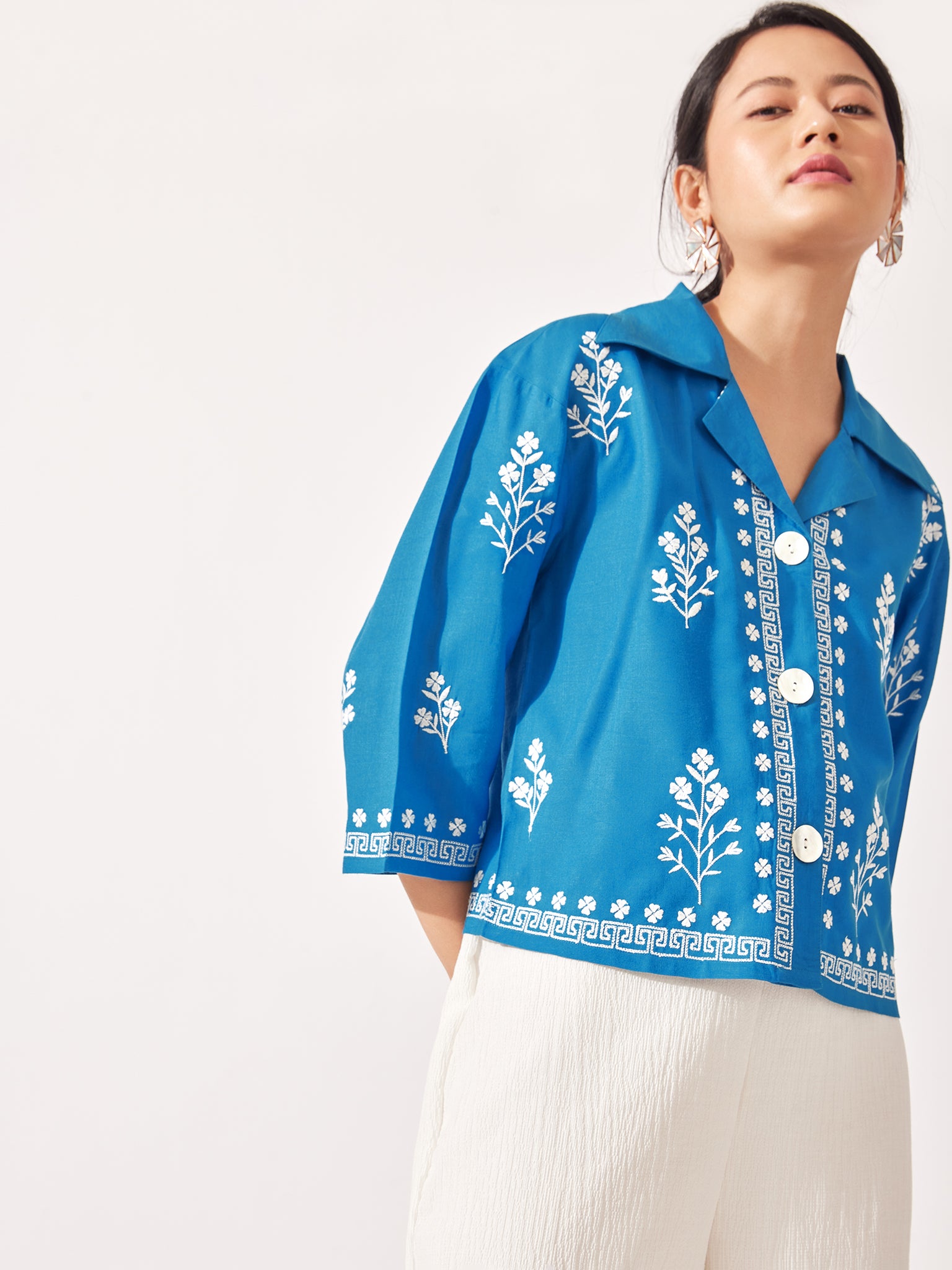 

Blue Embroidered Crop Shirt
