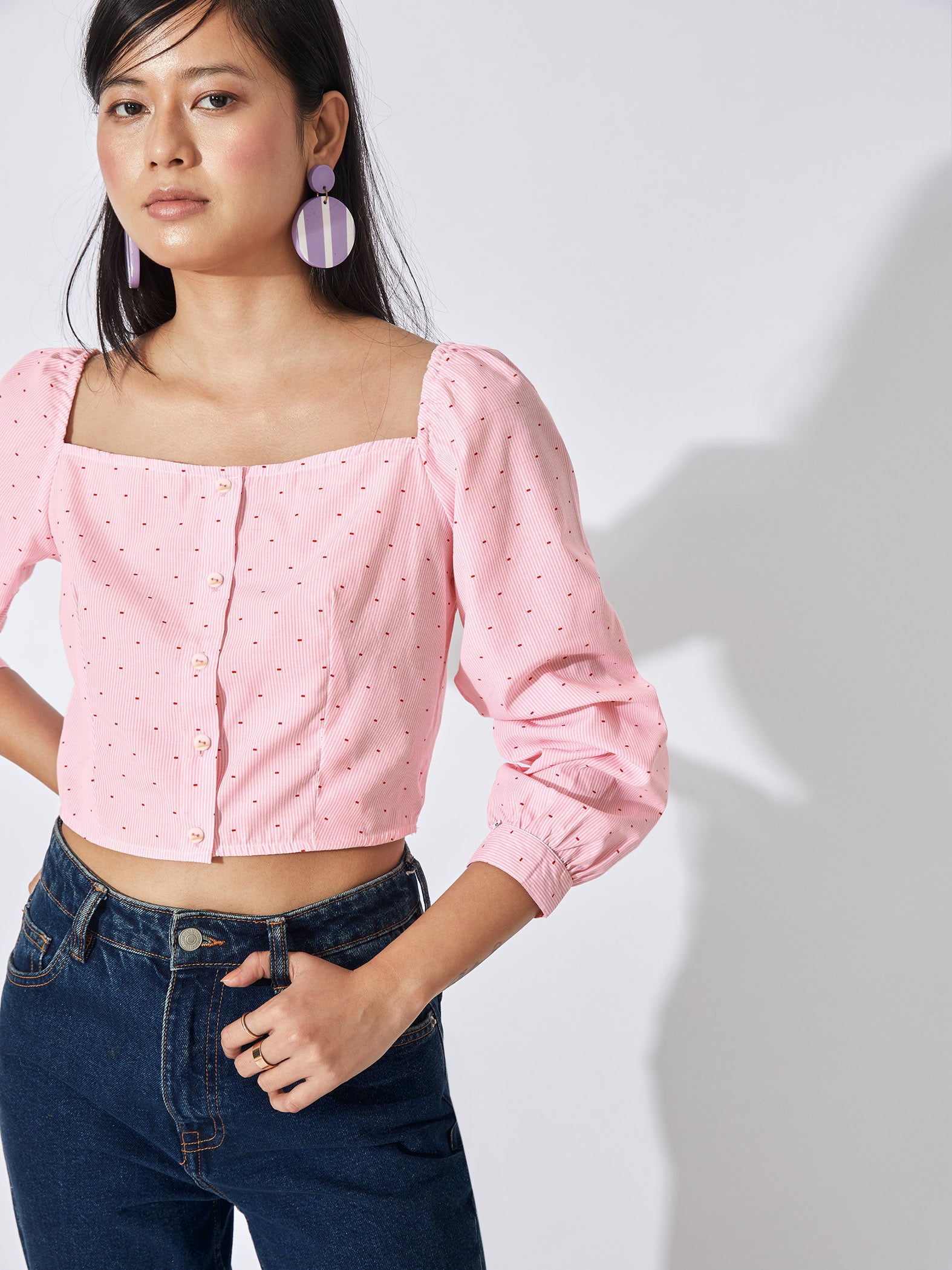 Blush Dotted Square Neck Crop Top