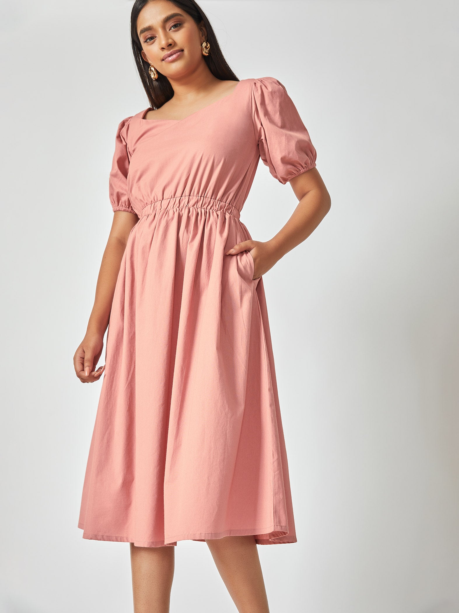 Blush Puff Sleeve Cinched Dress