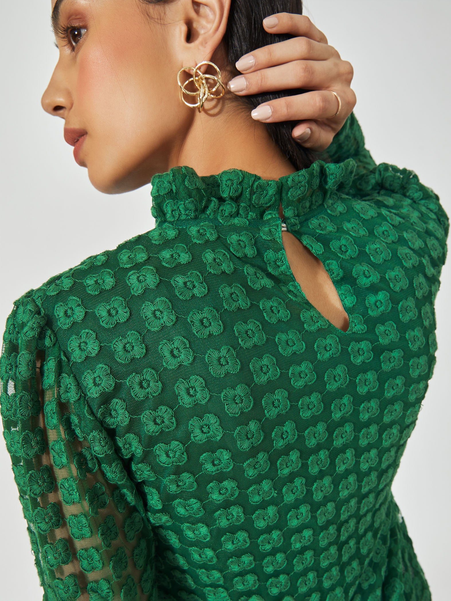 Bottle Green Embroidered Ruffle Neck Top