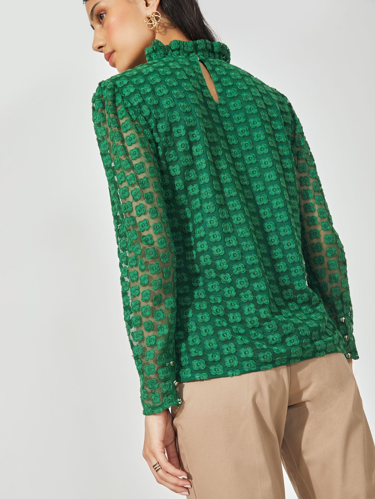 Bottle Green Embroidered Ruffle Neck Top