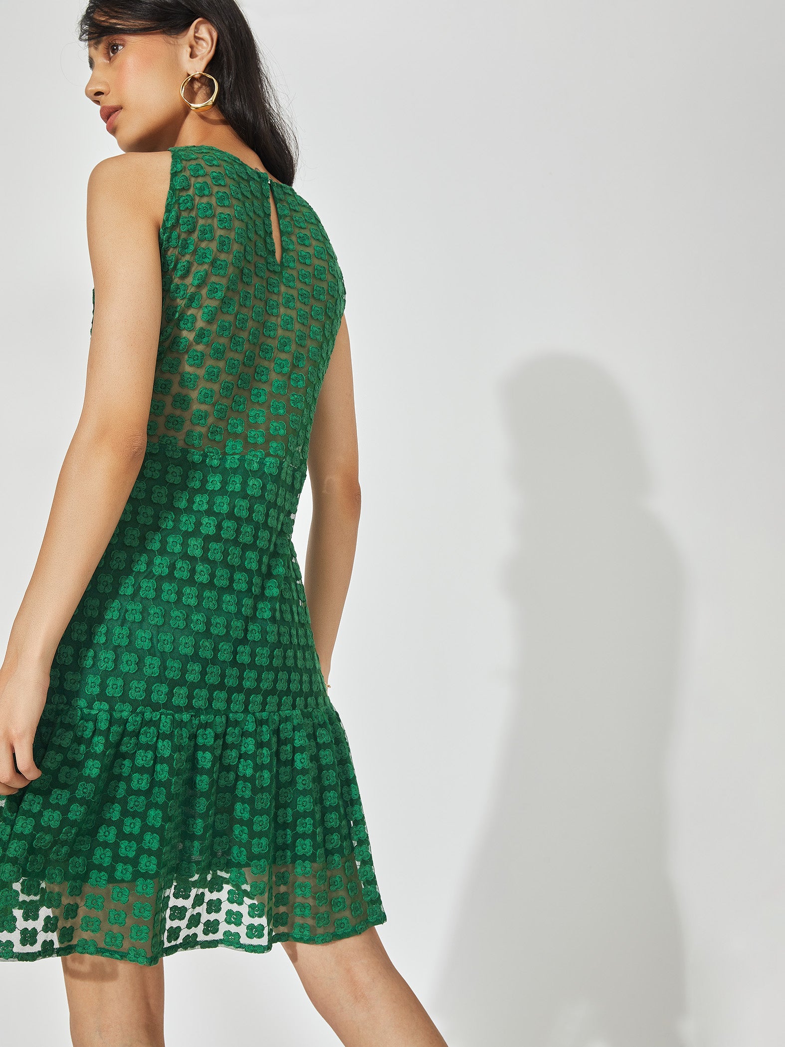 Bottle Green Embroidered Tiered Dress