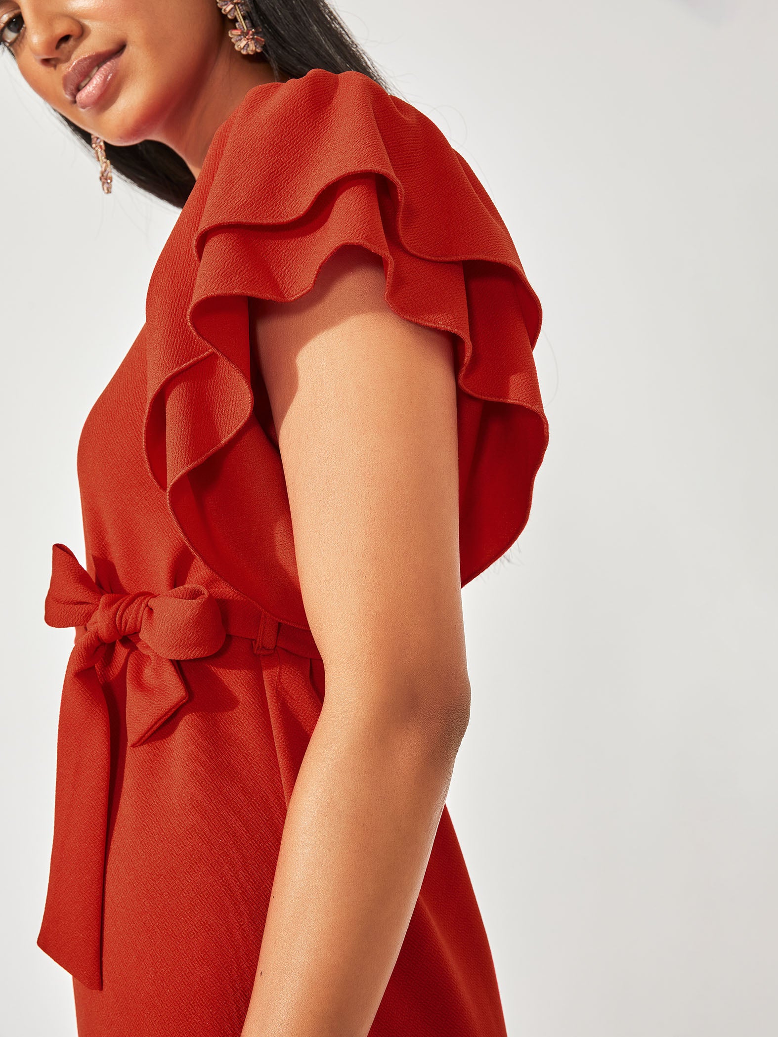 Crimson Belted Ruffle Dress
