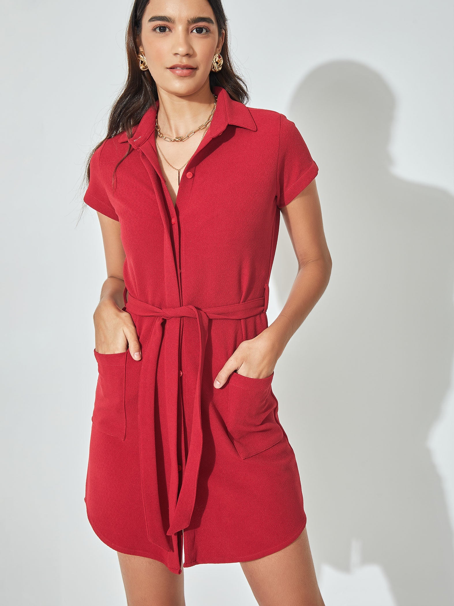 Crimson Pocket Shirt Dress
