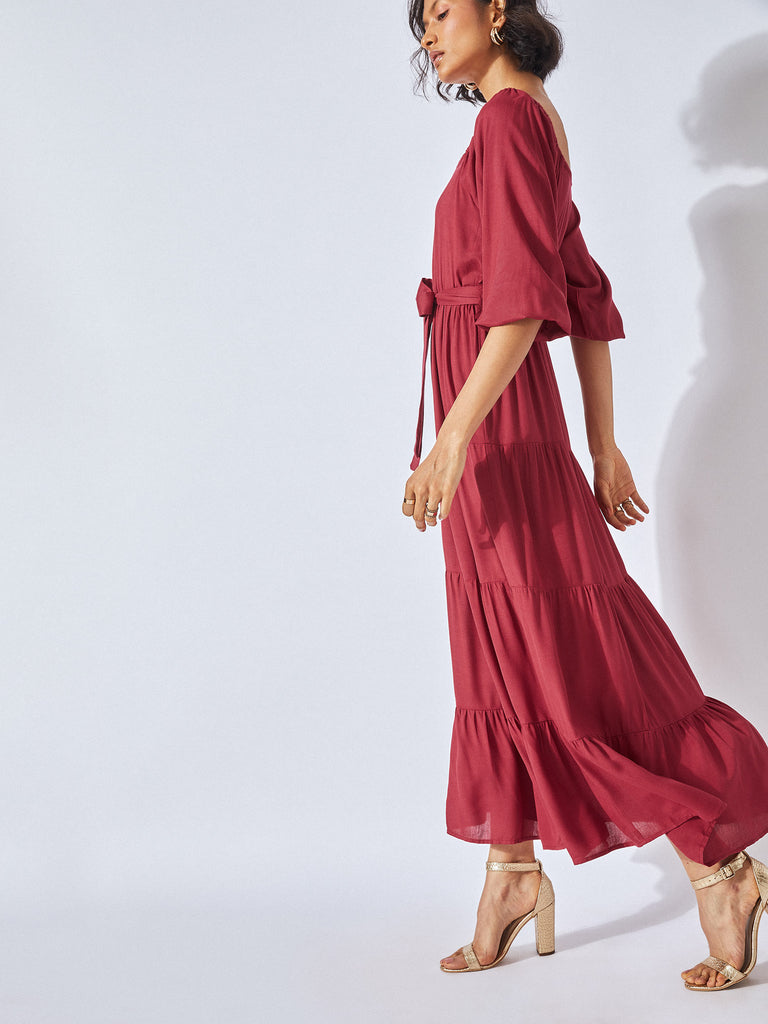 Crimson Tiered Belted Maxi Dress