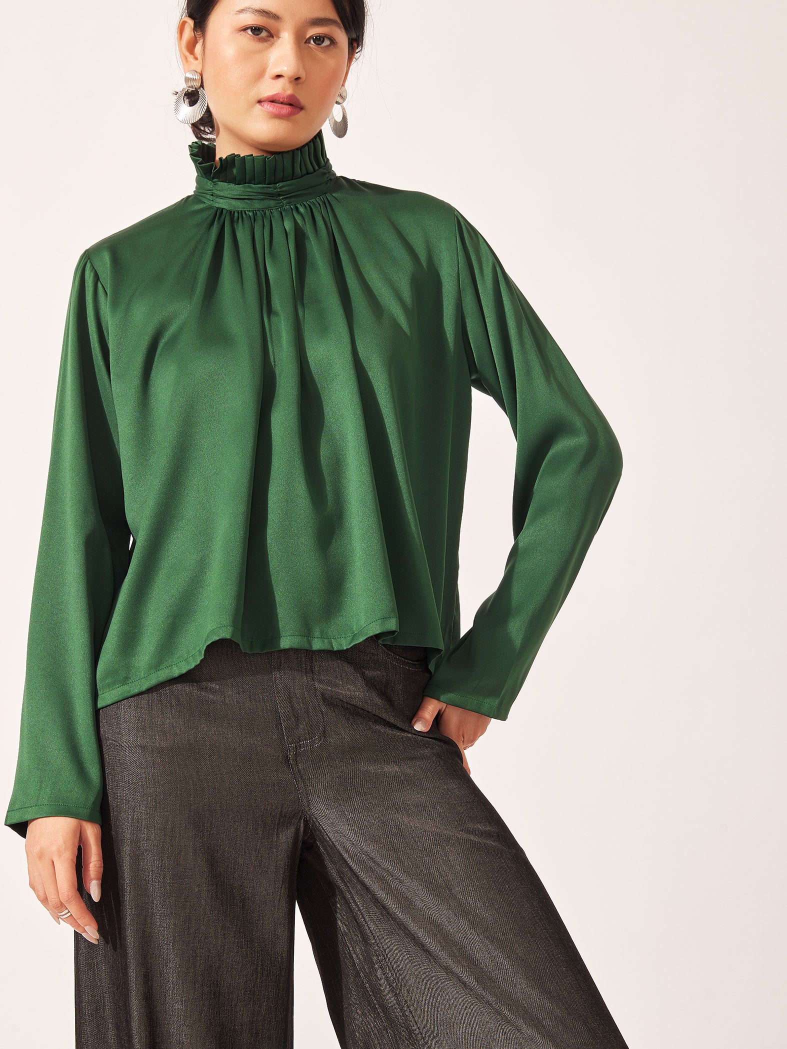 Forest Satin Ruffle Neck Top