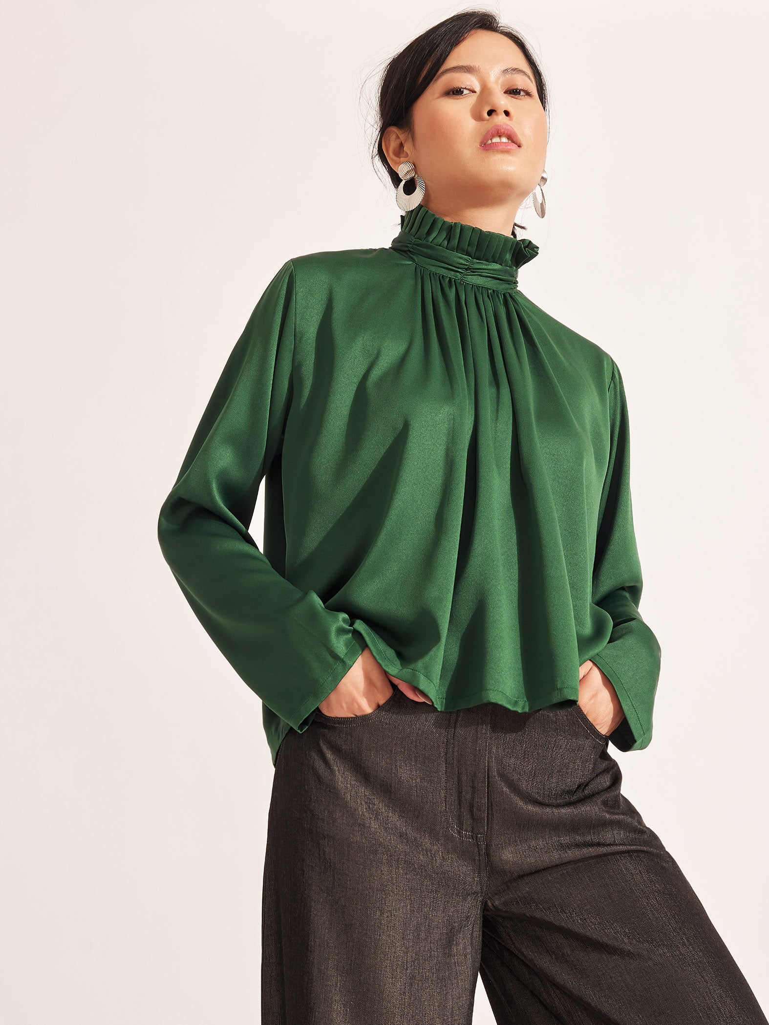Forest Satin Ruffle Neck Top