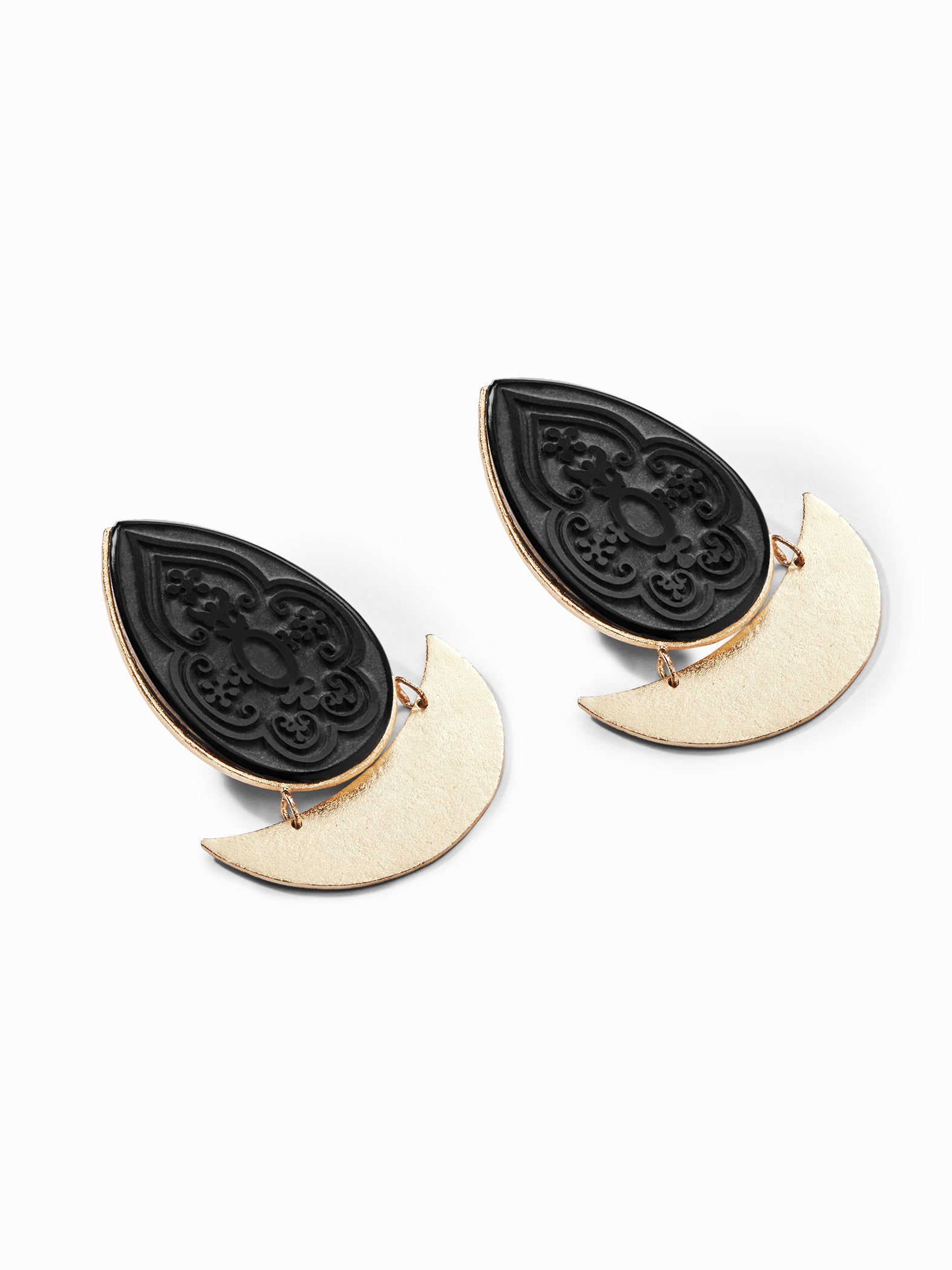 Gold Onyx Crescent Earrings