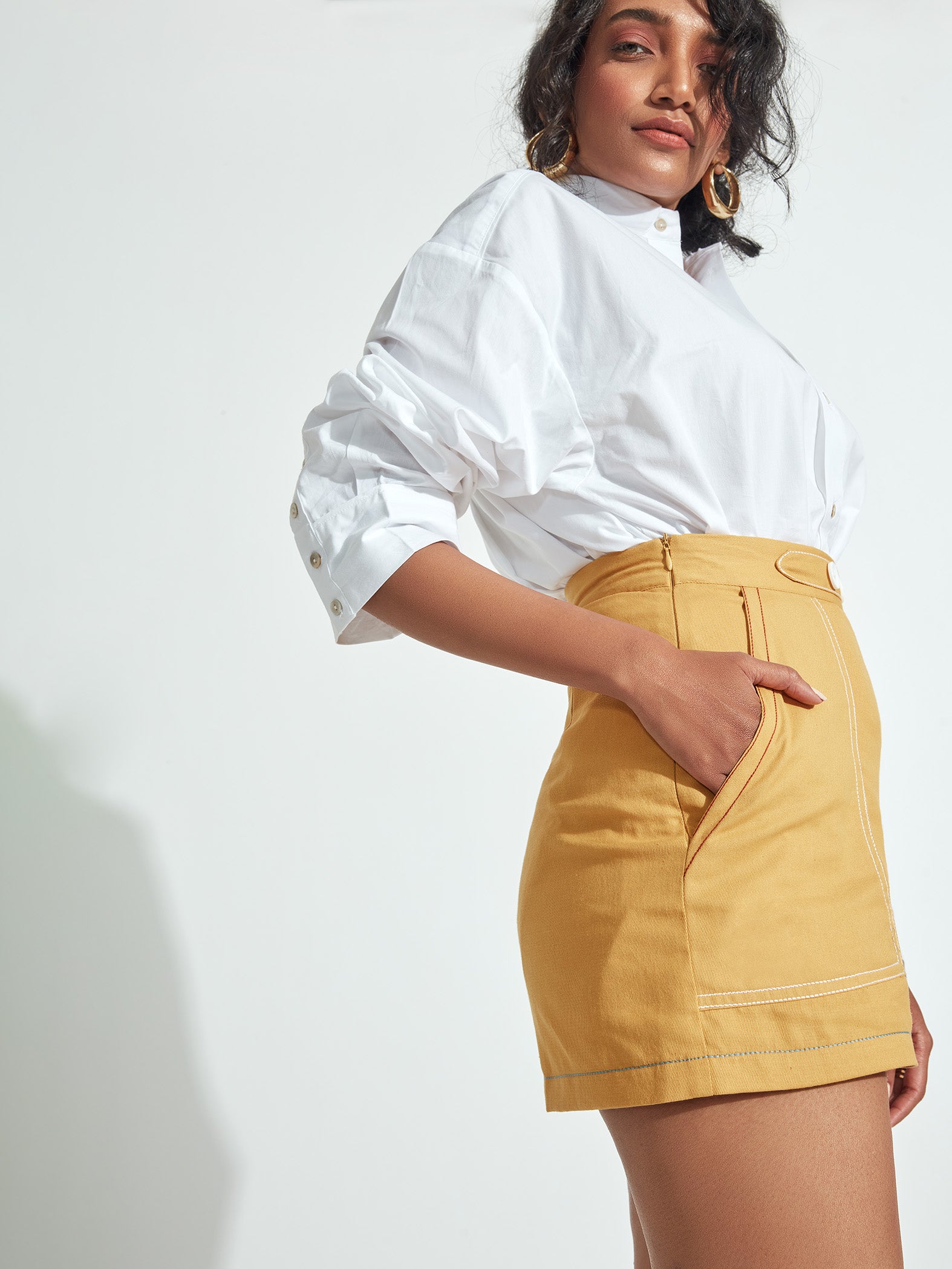 Mustard Topstitch Buttoned Flap Shorts by Disney