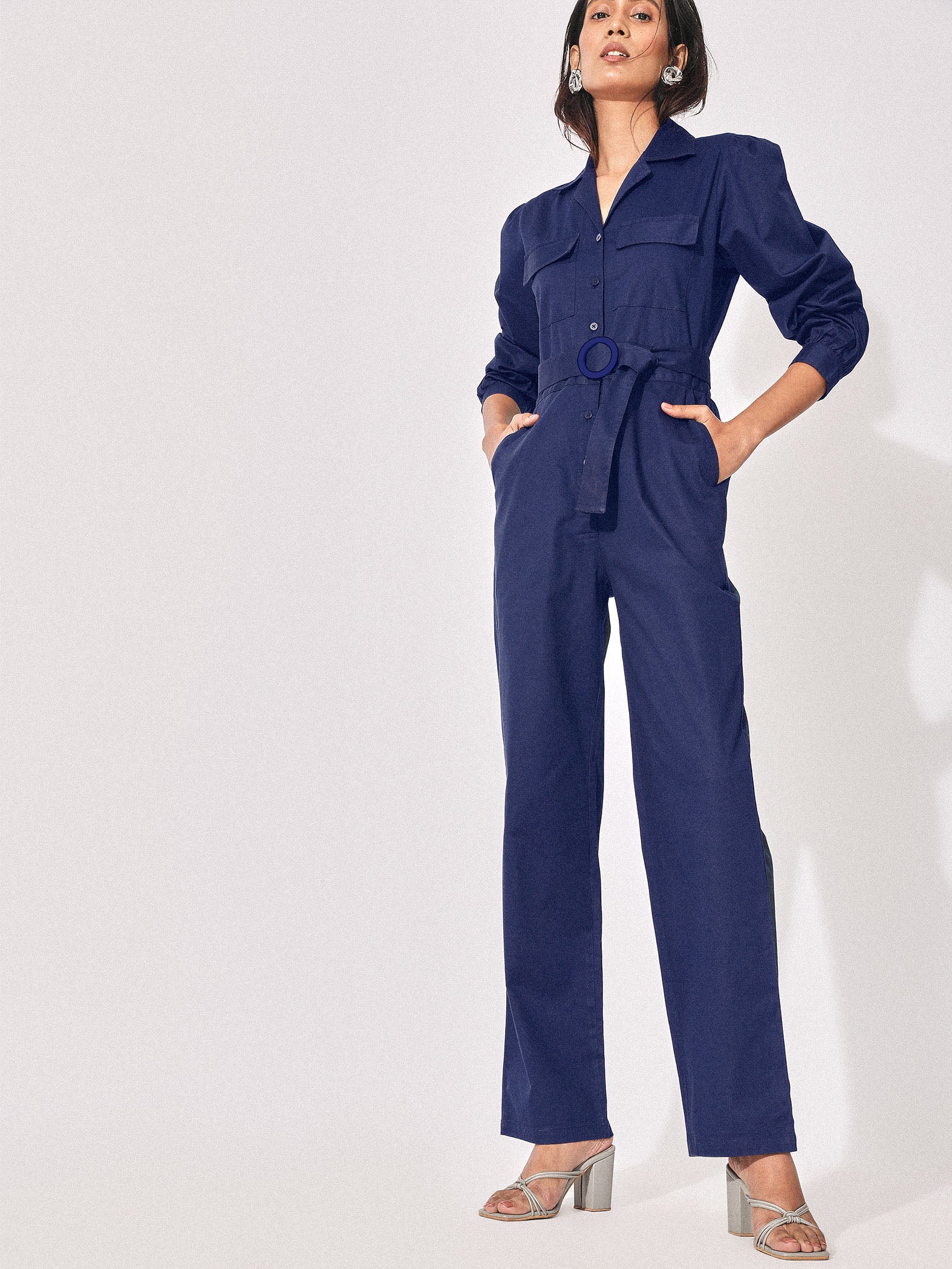 navy button down belted jumpsuit