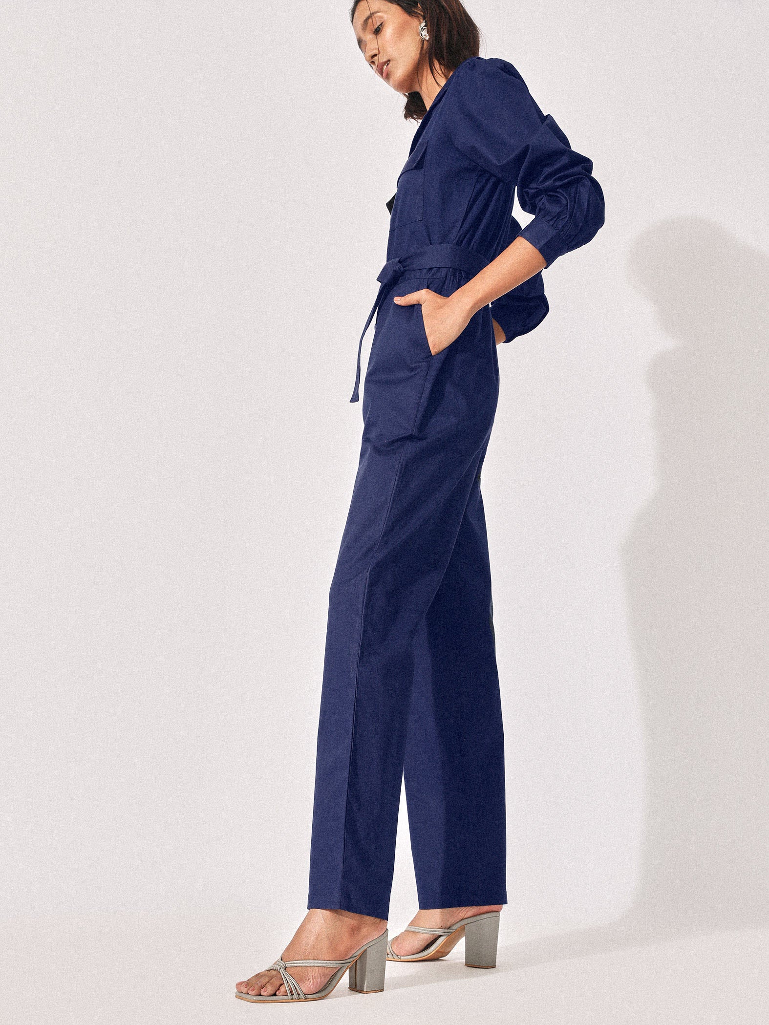navy button down belted jumpsuit