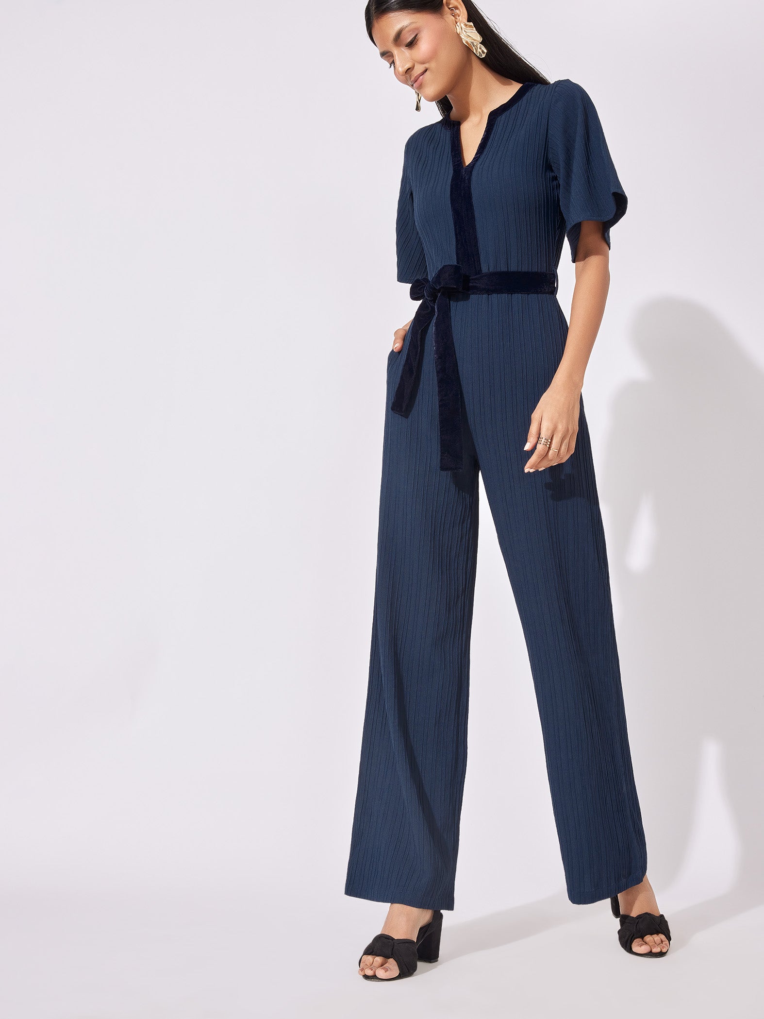 Navy Front Tie Flared Jumpsuit