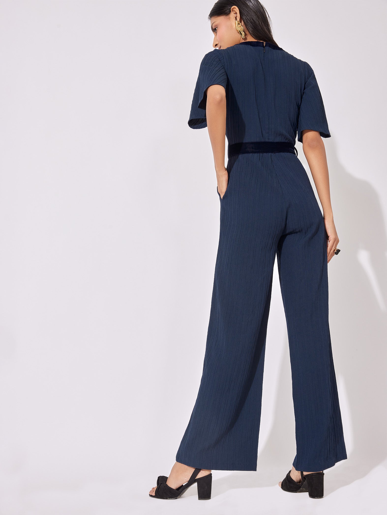 Navy Front Tie Flared Jumpsuit