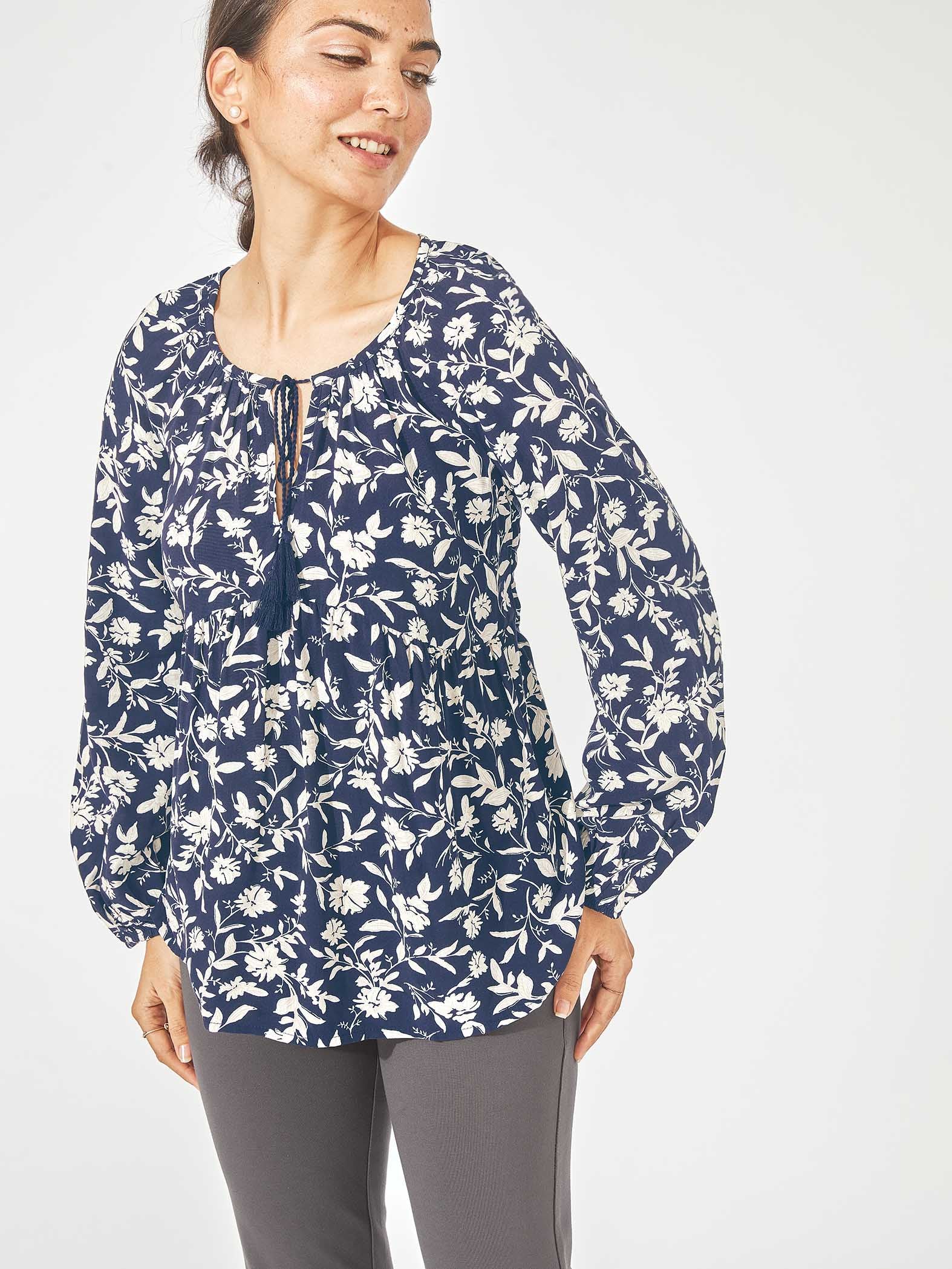 navy floral gathered top