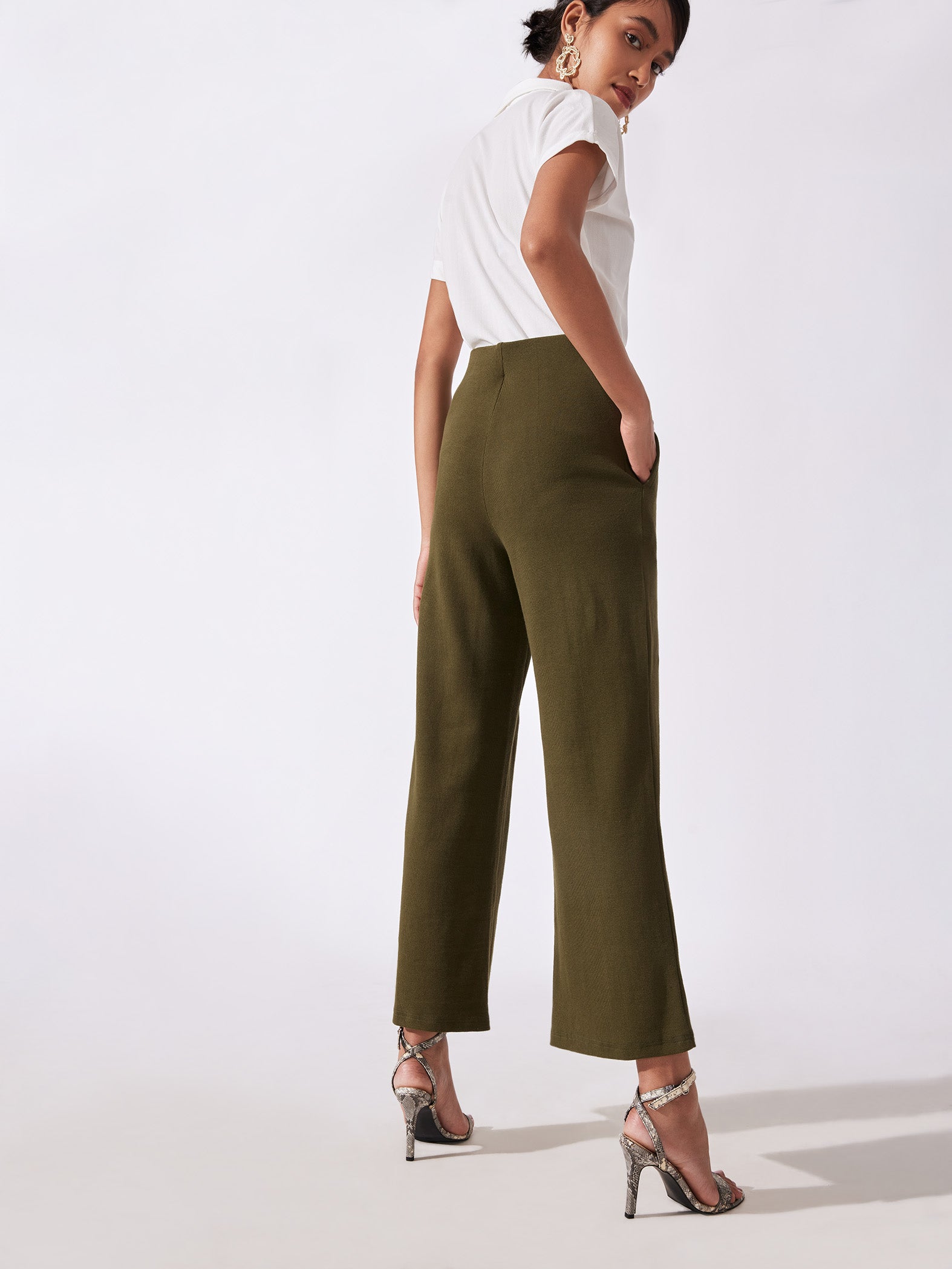 Olive Ribbed Flare Pants