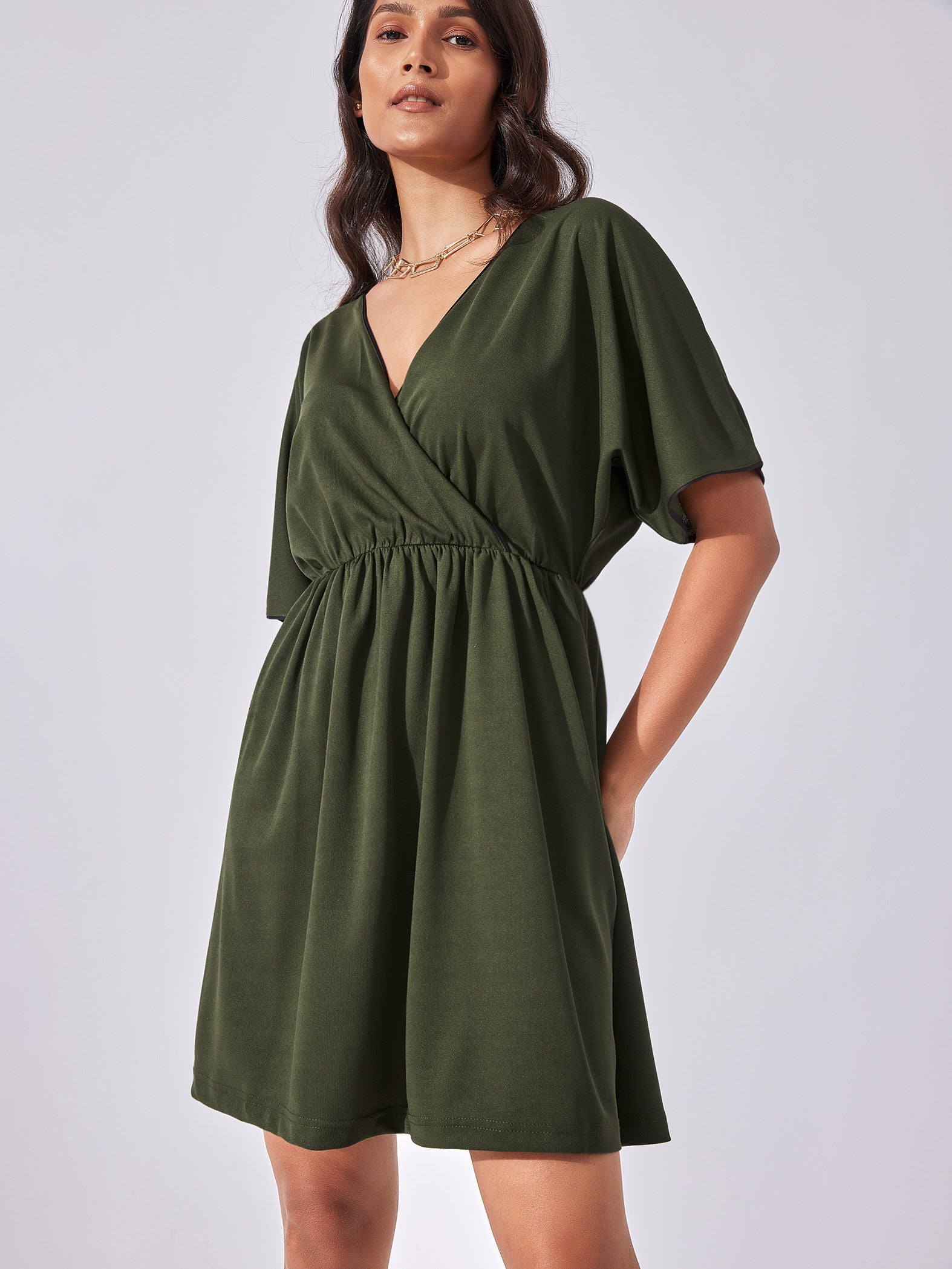 Olive Textured Overlap Dress