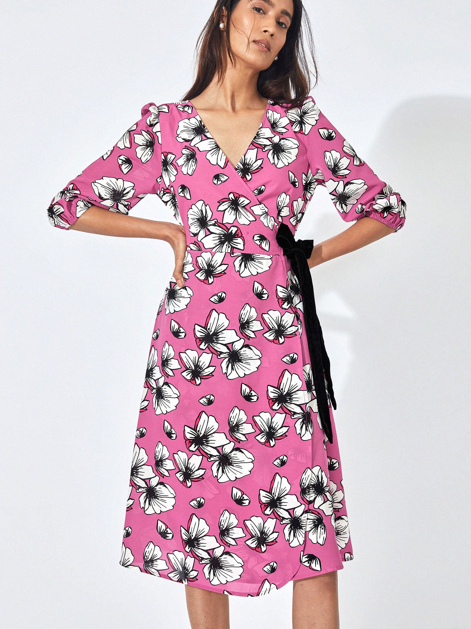 pink blooms belted wrap dress