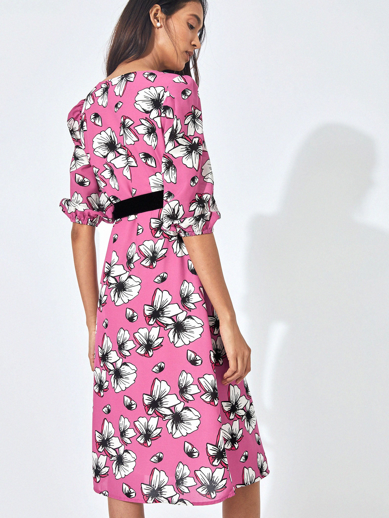 pink blooms belted wrap dress