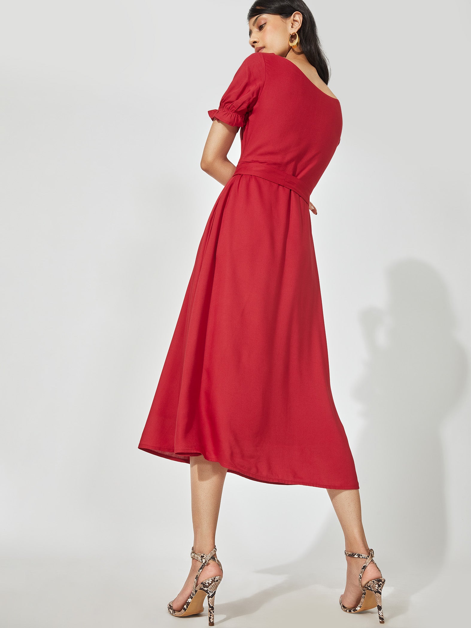 Red Ruffle Sleeve Midi Dress