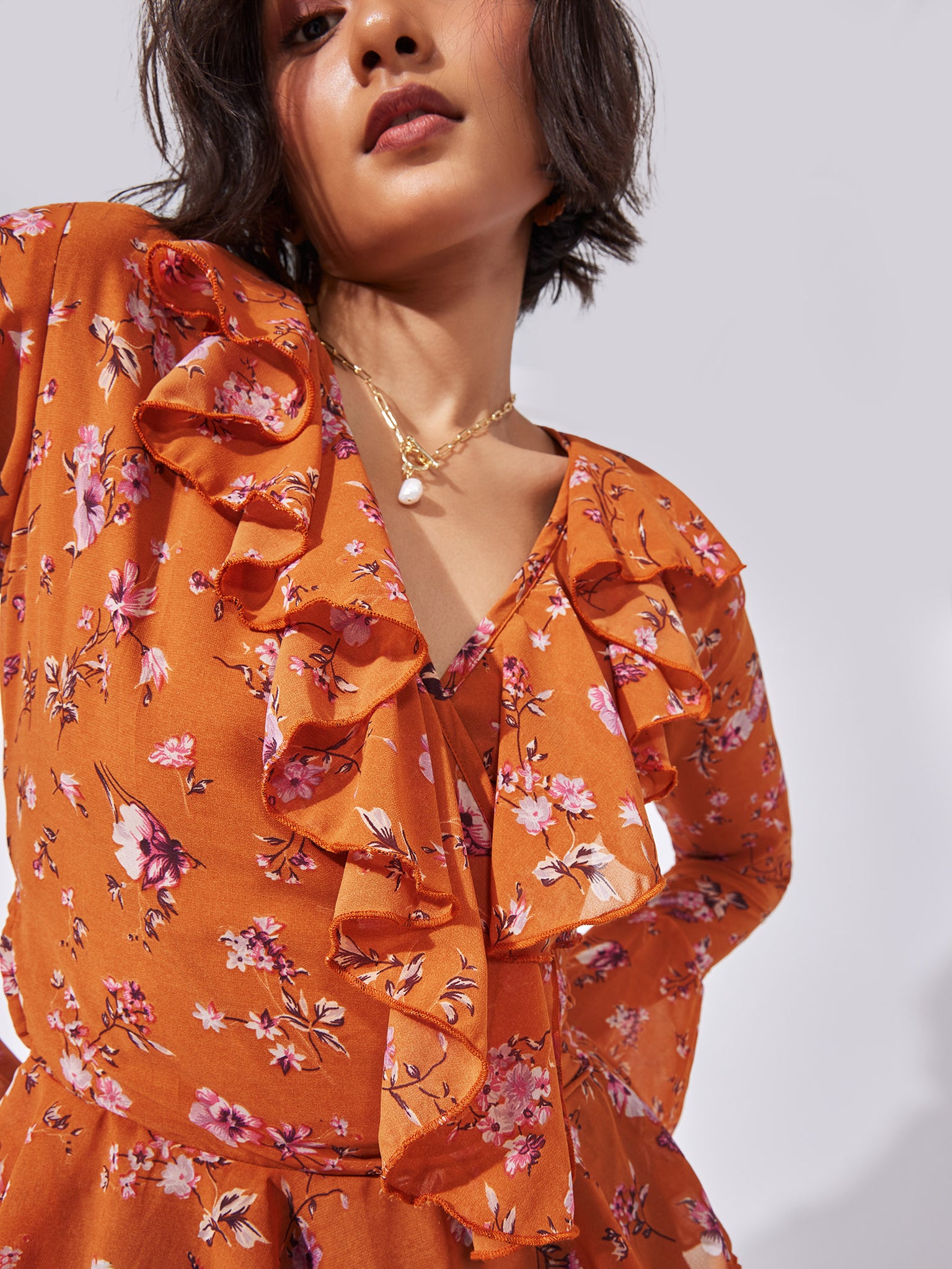 

Rust Floral Ruffled Top