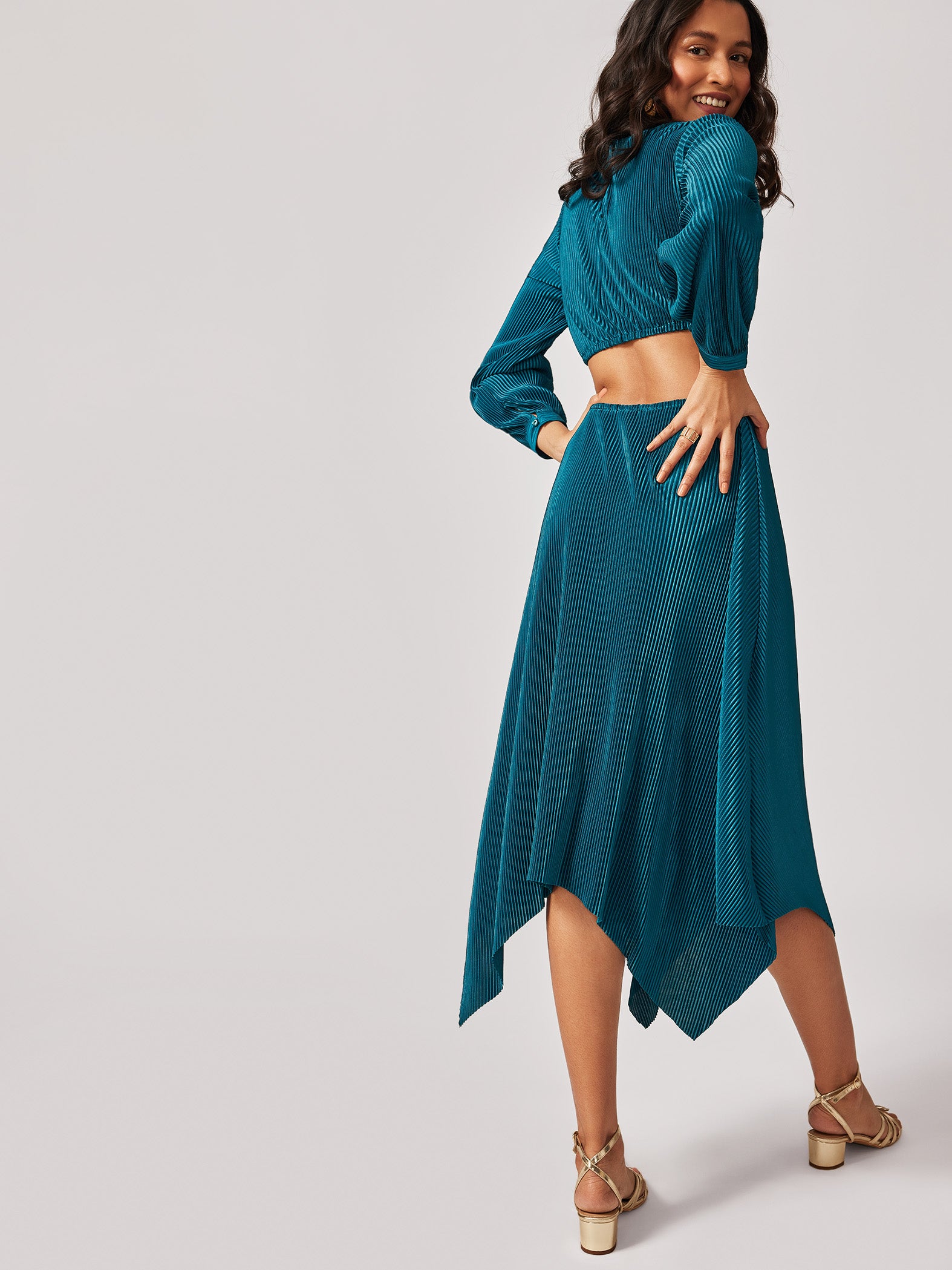 Teal Pleated Cut Out Dress