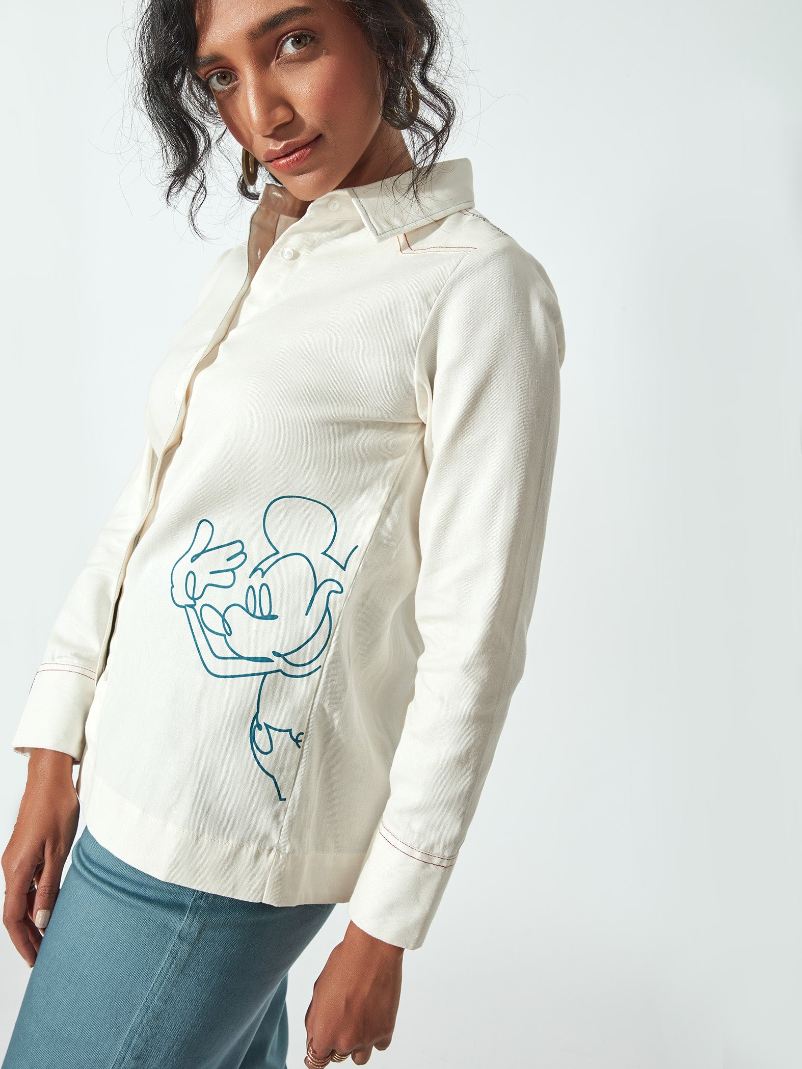 White Mickey Print Yoke Shirt by Disney