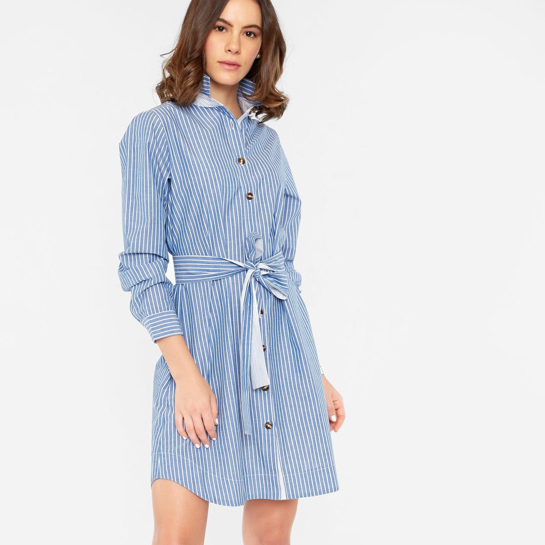 Azure Striped Belted Shirt Dress