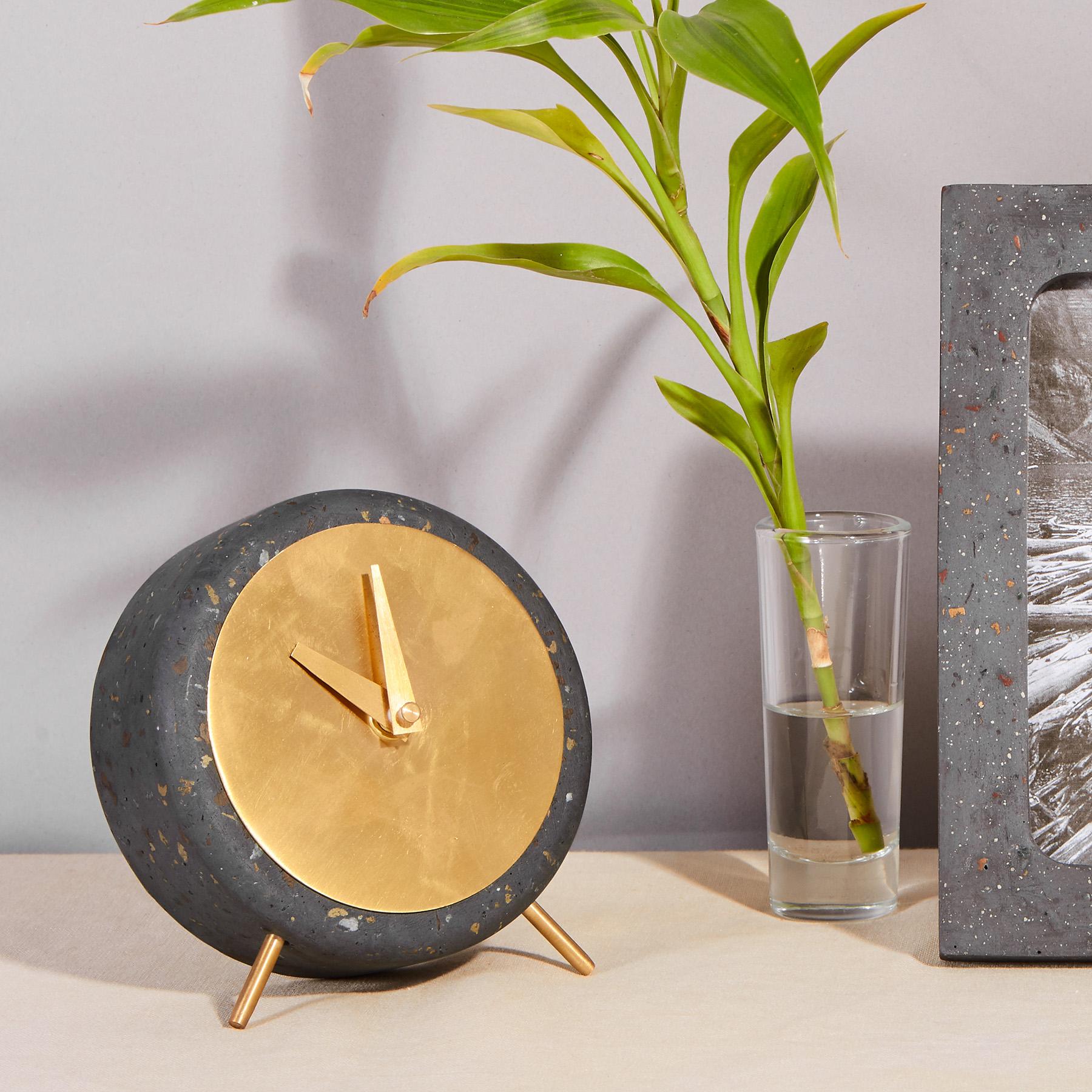 Charcoal & Gold Terrazzo Table Clock