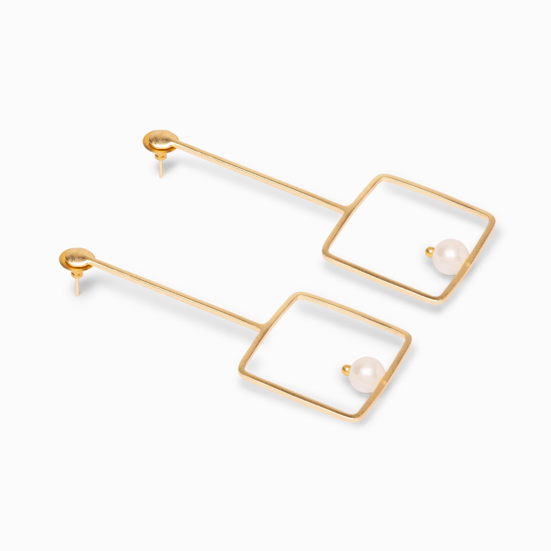 Gold Matte Pearl Square Earrings