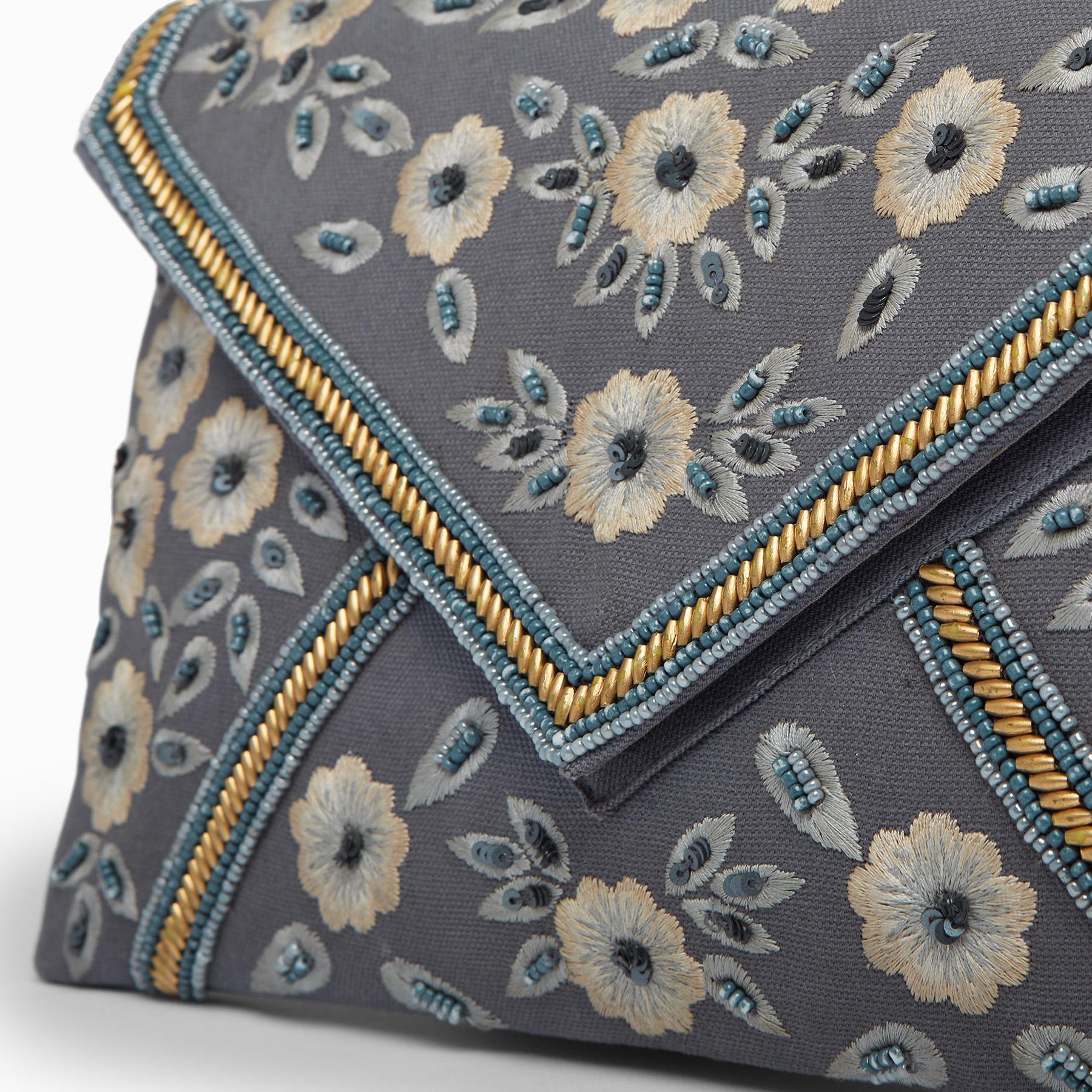Grey Embroidered Envelope Clutch