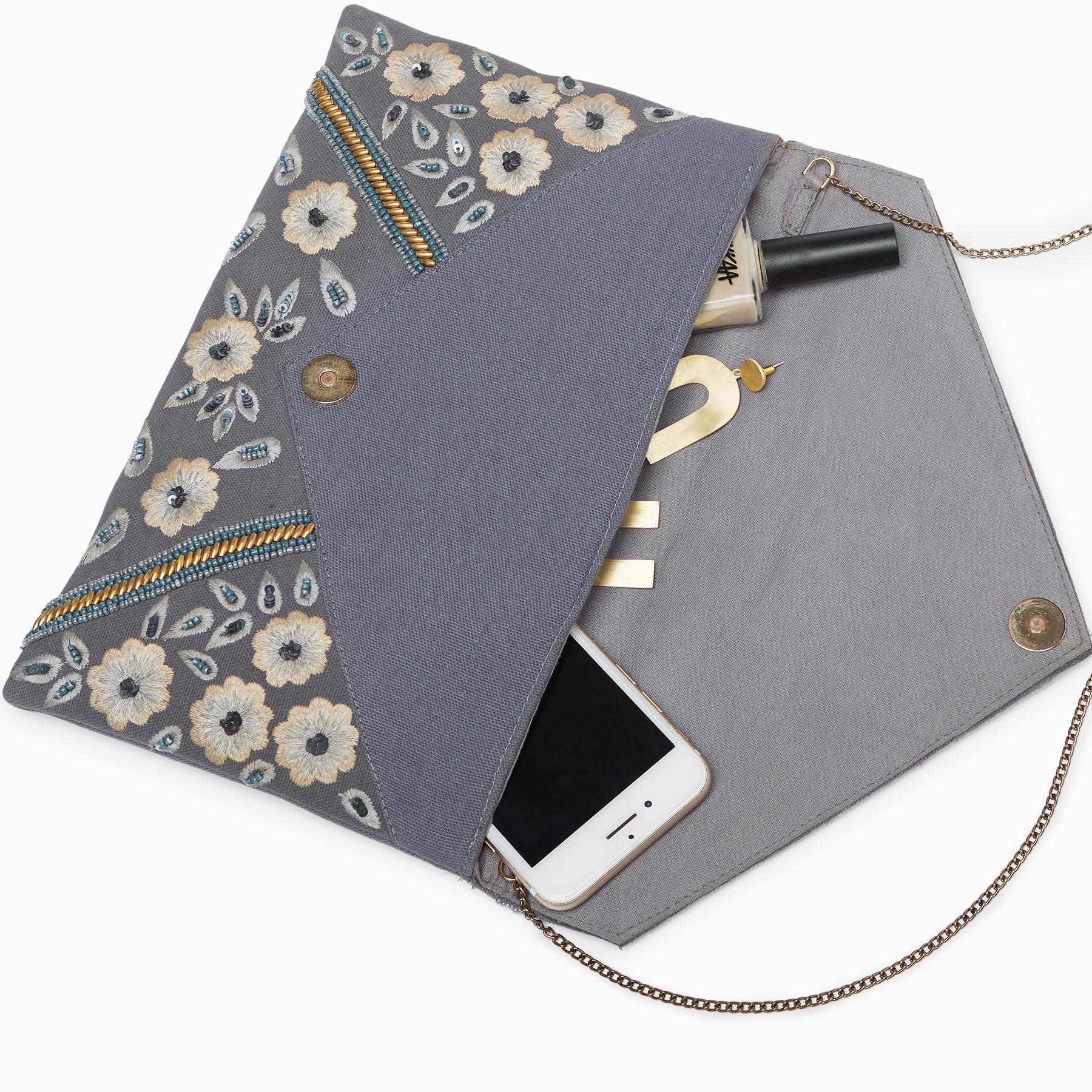 Grey Embroidered Envelope Clutch